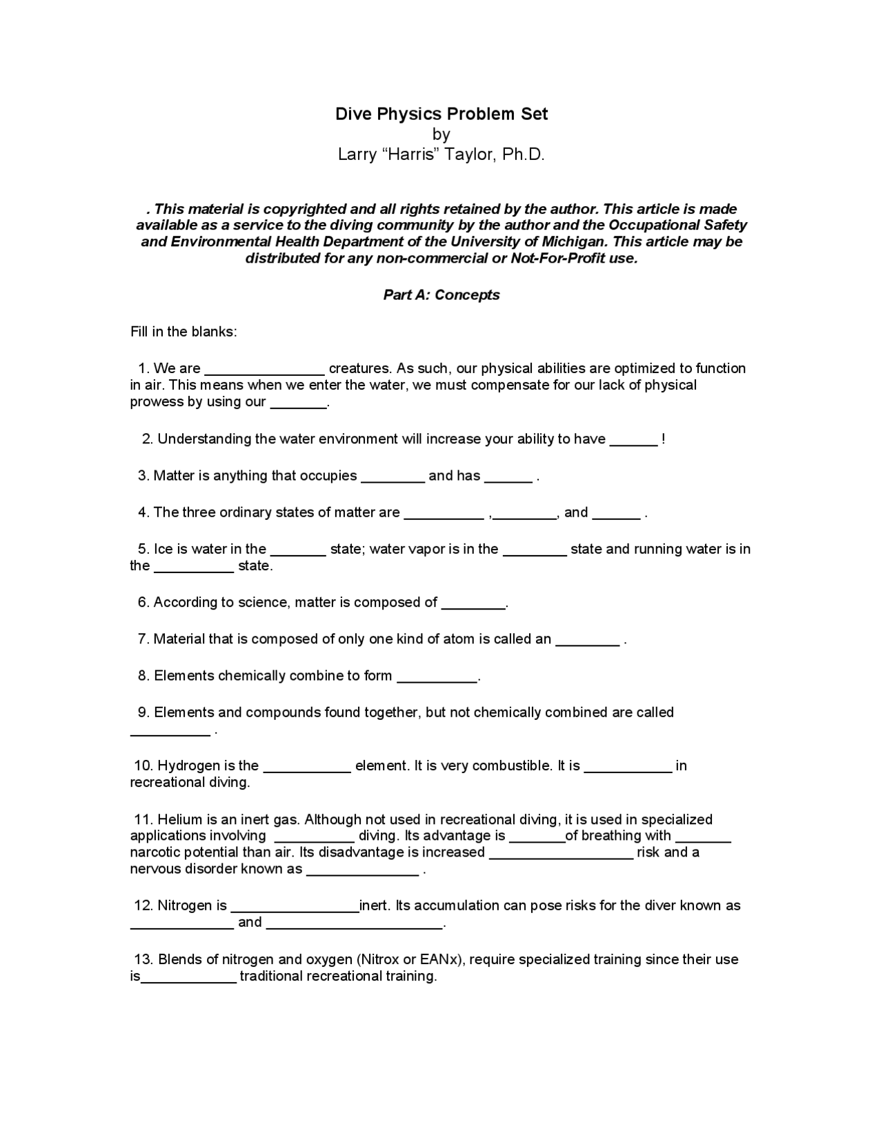 Assignment for Dive Physics Problems Set AT 200 Docsity