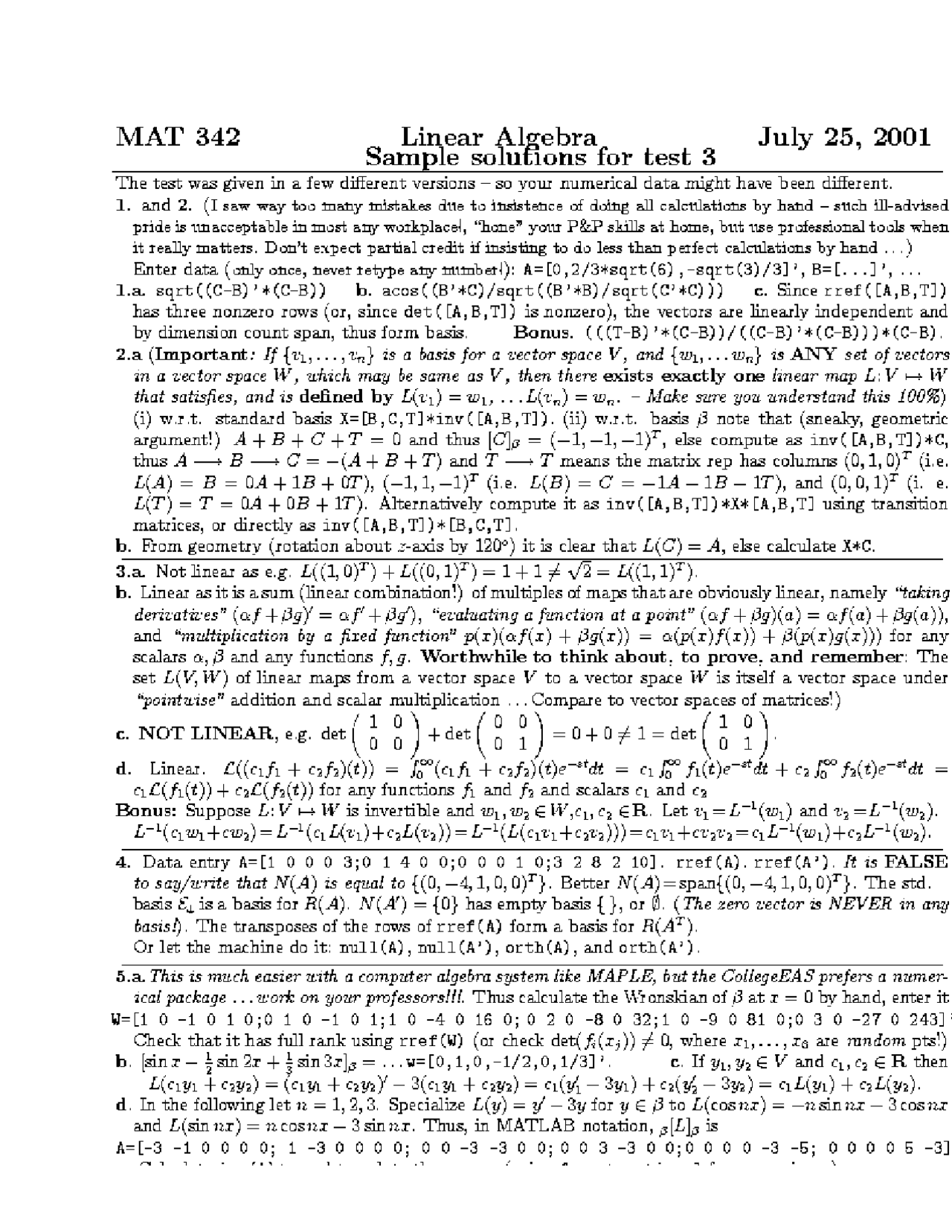 Sample Solutions for Test 3 - Linear Algebra - Spring 2001 | MAT 342 ...