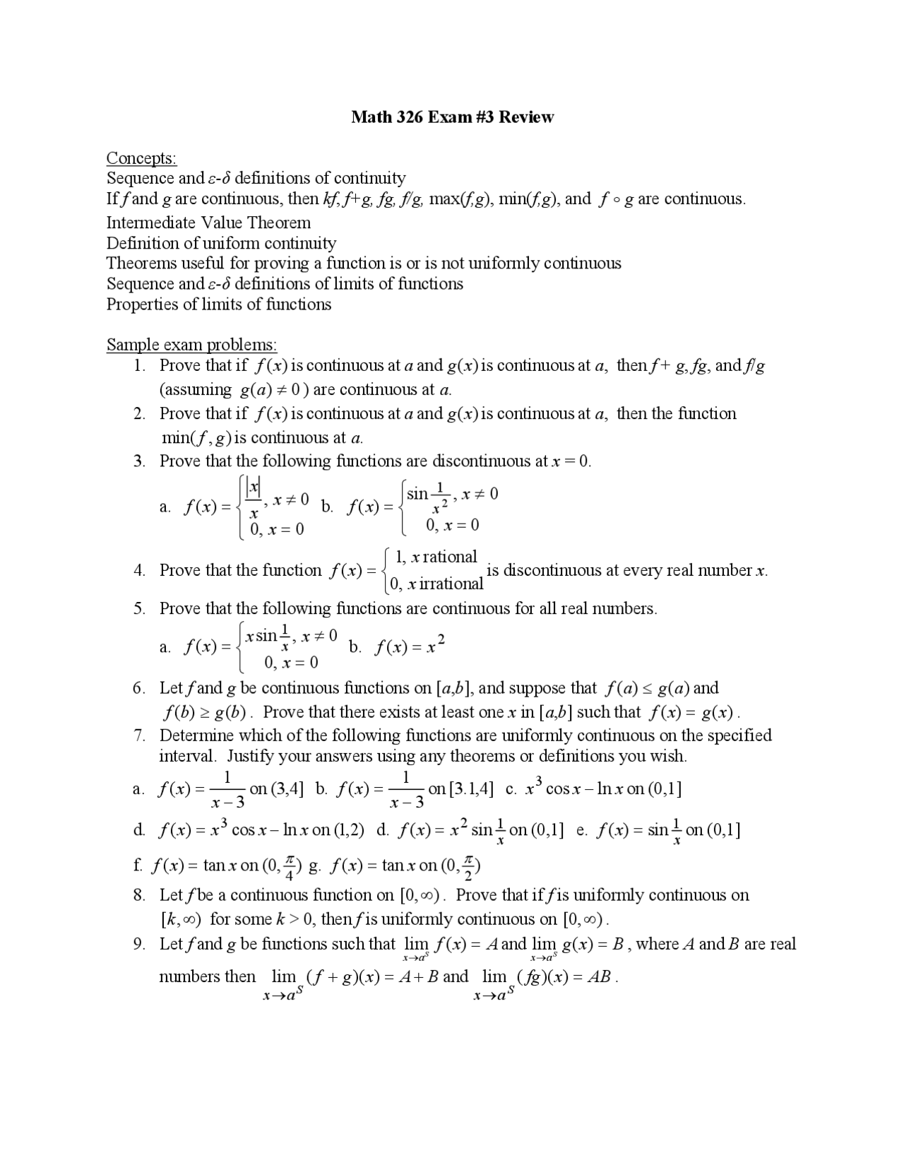 Exam 3 Review Sheet - Elementary Analysis | MATH 326 - Docsity