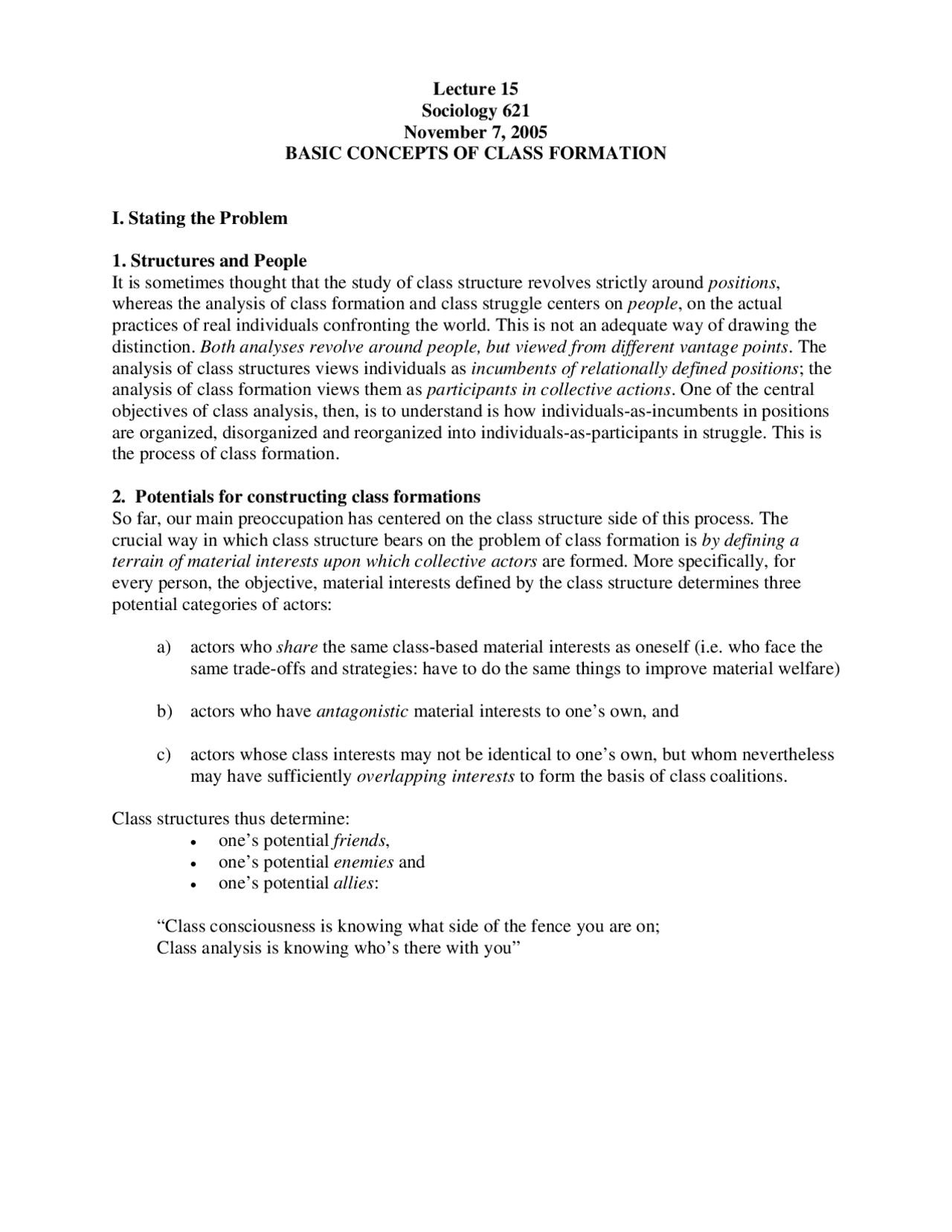 Basic Concepts of Class Formation - Lecture Notes | SOC 621 - Docsity
