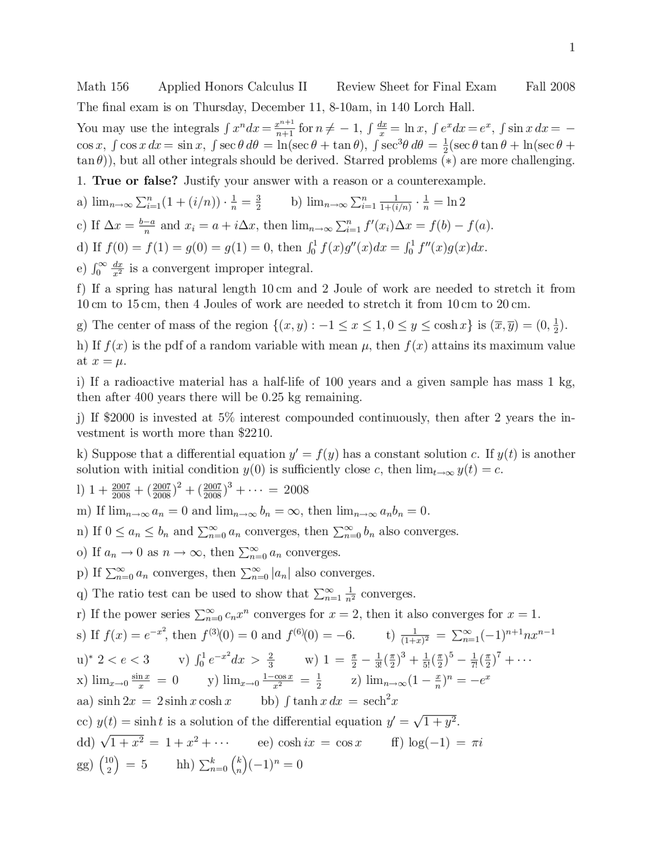 Applied Calculus II for Honors Final Review Sheet MATH 156 Docsity