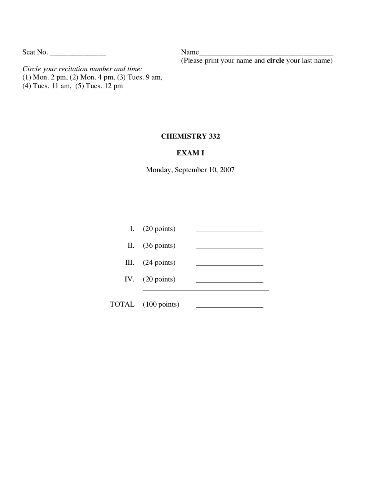 Practice Exam 1 - Organic Chemistry II | CHEM 332 - Docsity