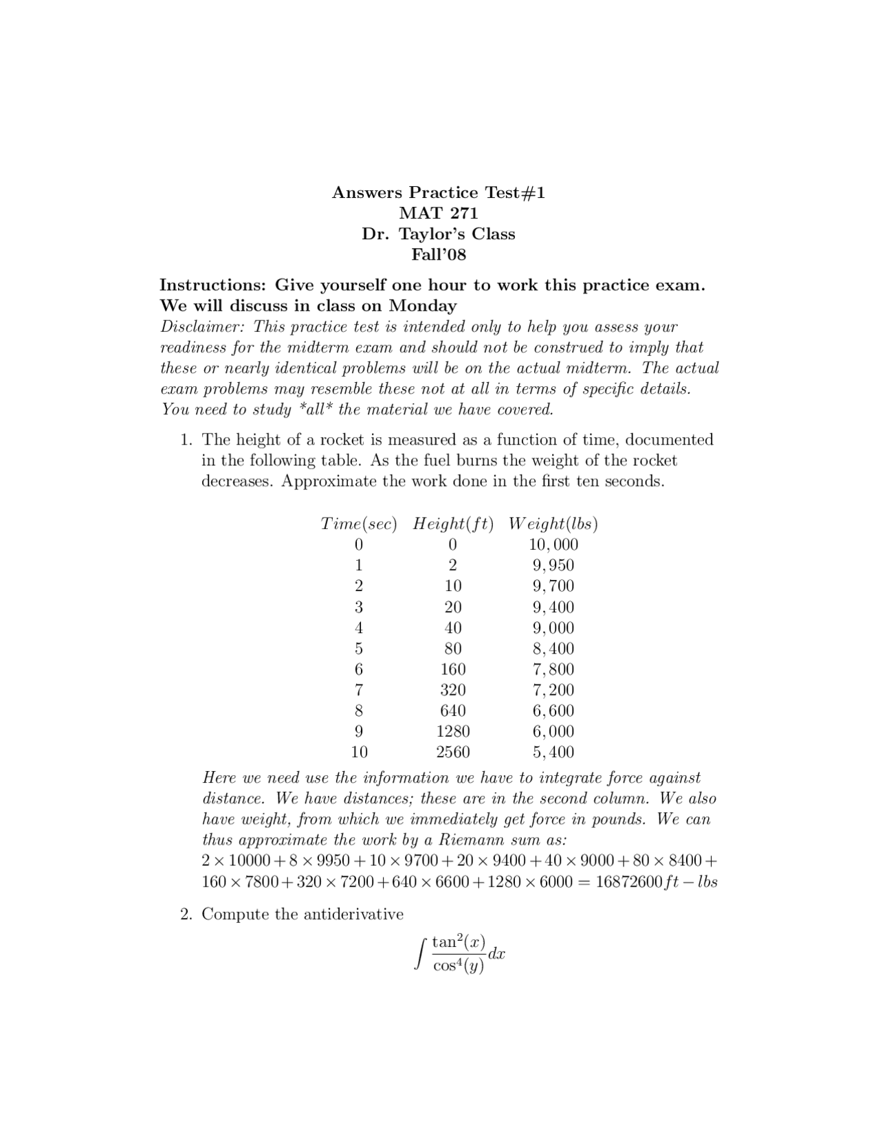 Final Exam Practice Test - Answer Key - Calculus w/Analytic Geometry II ...