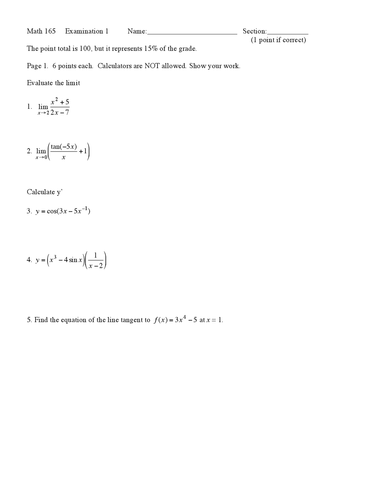 Math 165 Limits Exercises to Solve | Calculus I Examination 1 | MATH 165 - Docsity