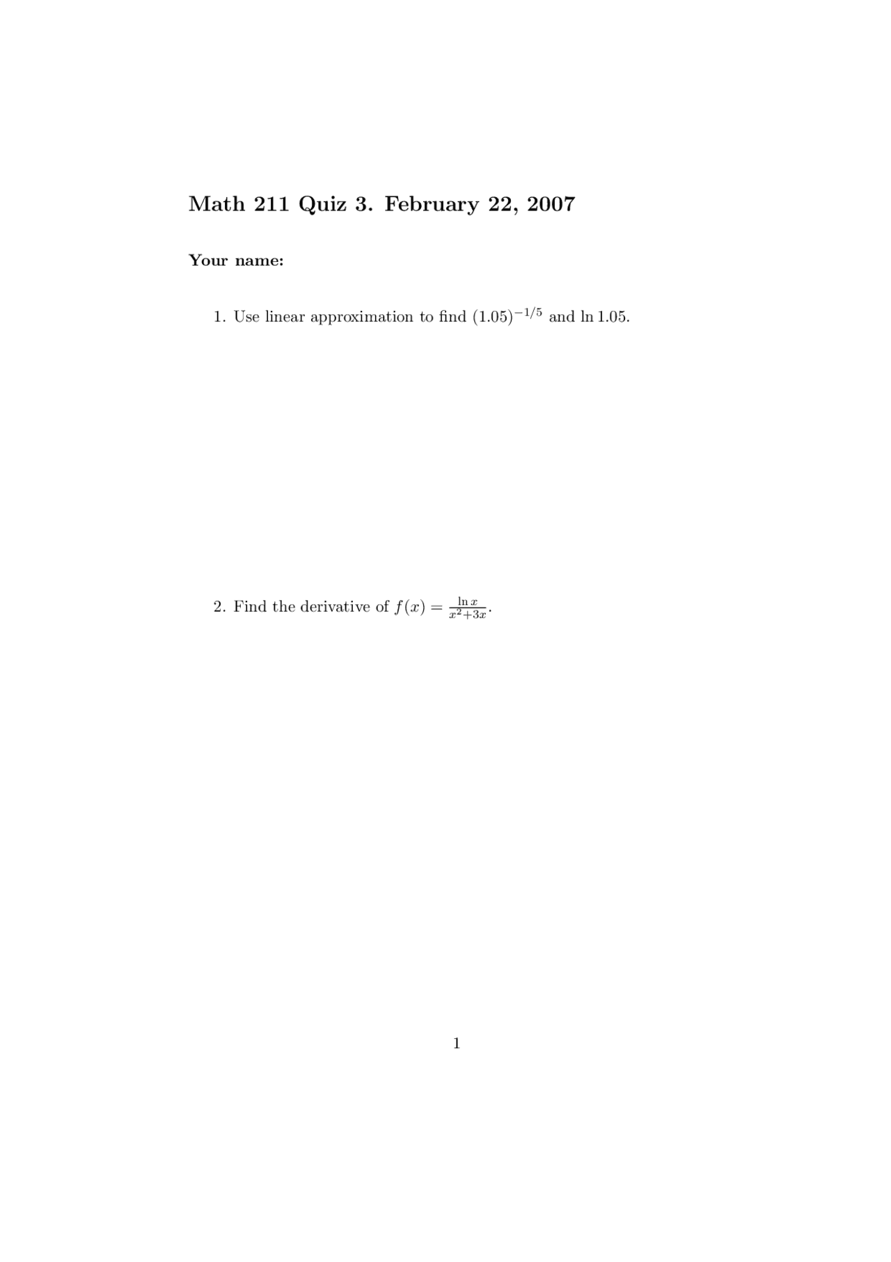 Calculus - Sample Quiz 3 Questions | MATH 211 - Docsity