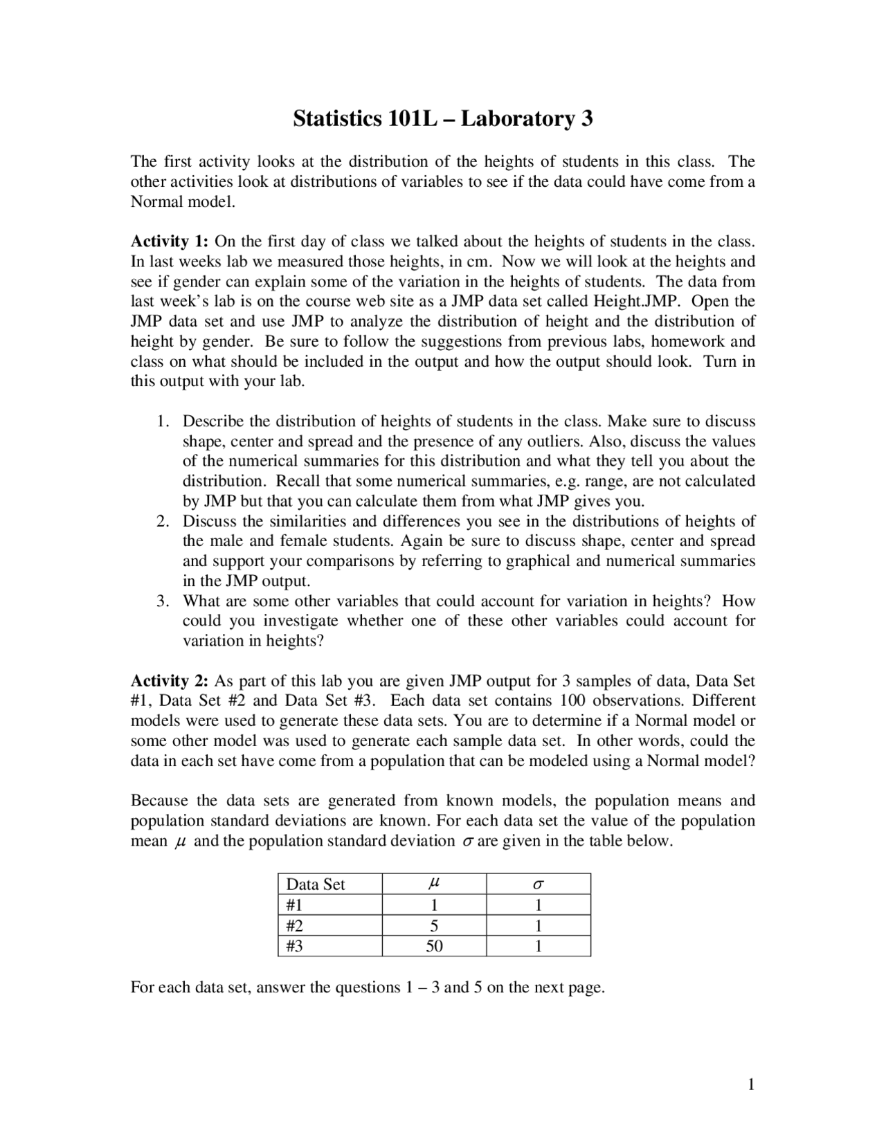 Laboratory 3: Principles of Statistics | STAT 101 - Docsity