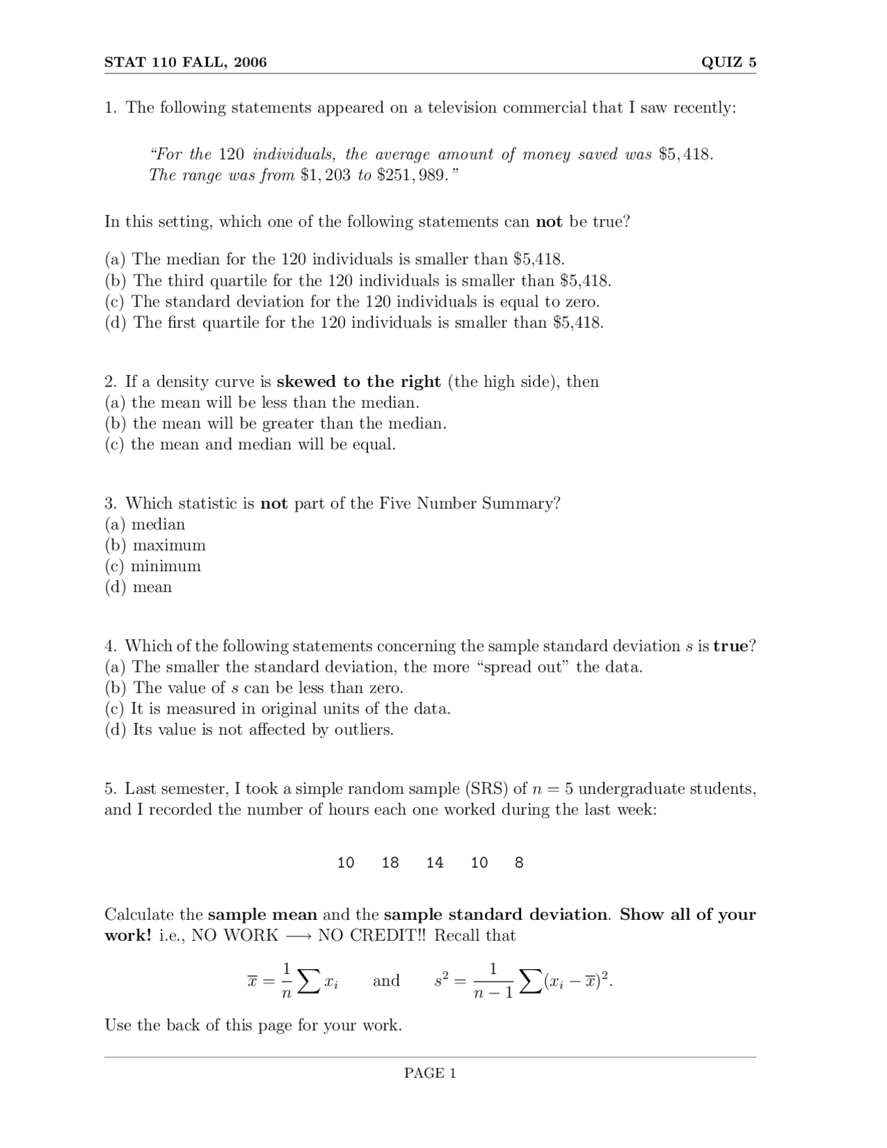 Statistical Reasoning Problems 5 Problems for Quiz 5 - Introduction to Statistical Reasoning | STAT ...