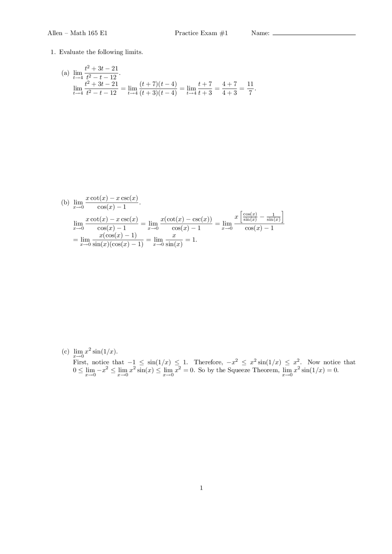 Practice Exam 1 Questions - Calculus I | MATH 165 - Docsity