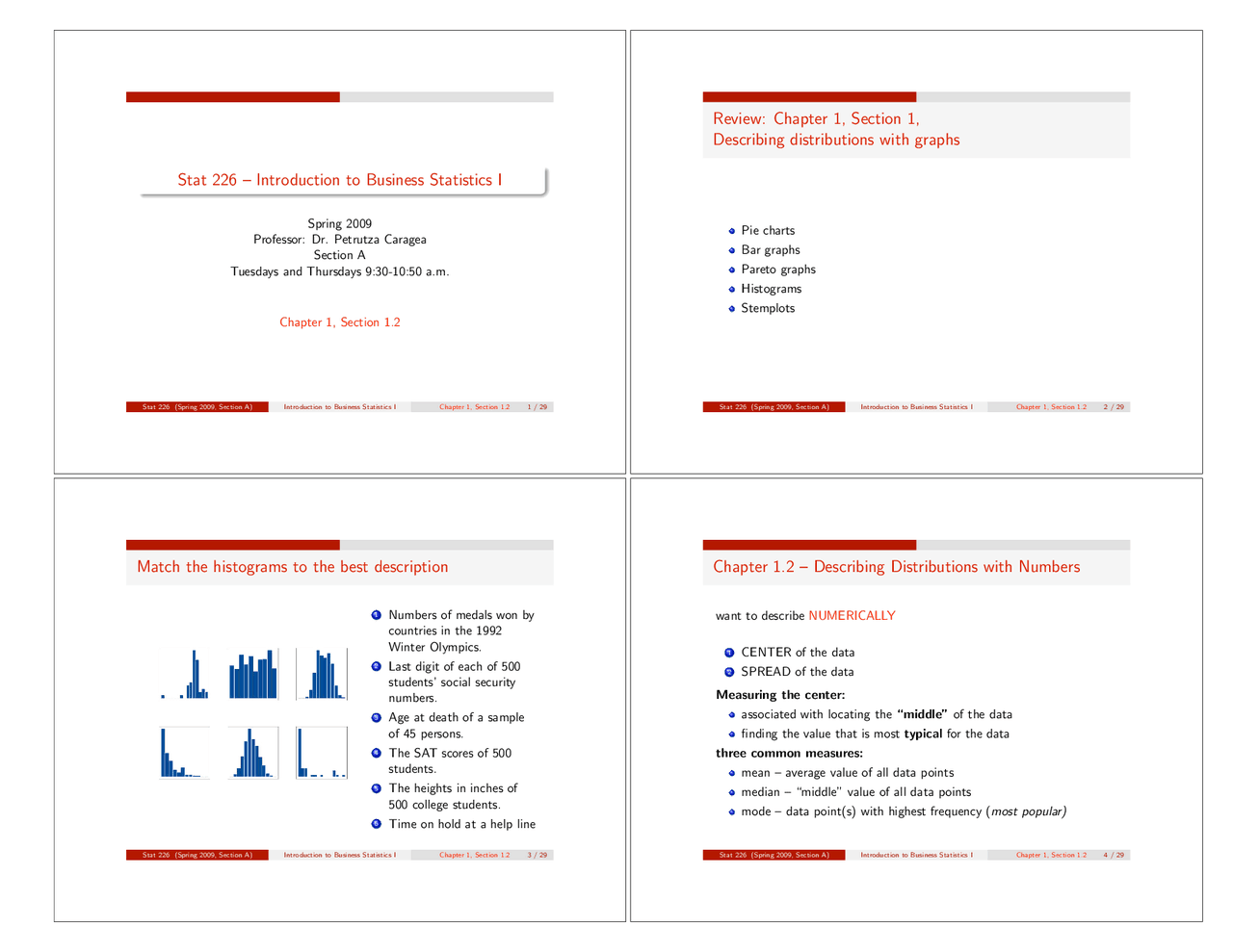 Describing Distributions With Graphs - Lecture Slides | STAT 226 - Docsity