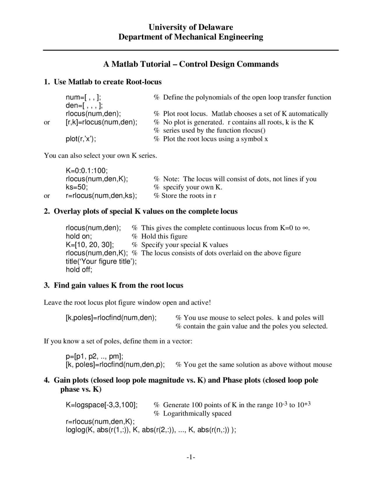 control algorithm modeling guidelines using matlab ... A Matlab Tutorial-Control Design Commands | MEEG 311 - Docsity