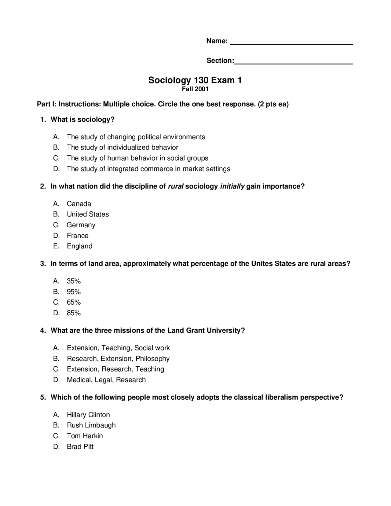 29 Multiple Choice Questions on Sociology Exam 1 SOC 130 Docsity