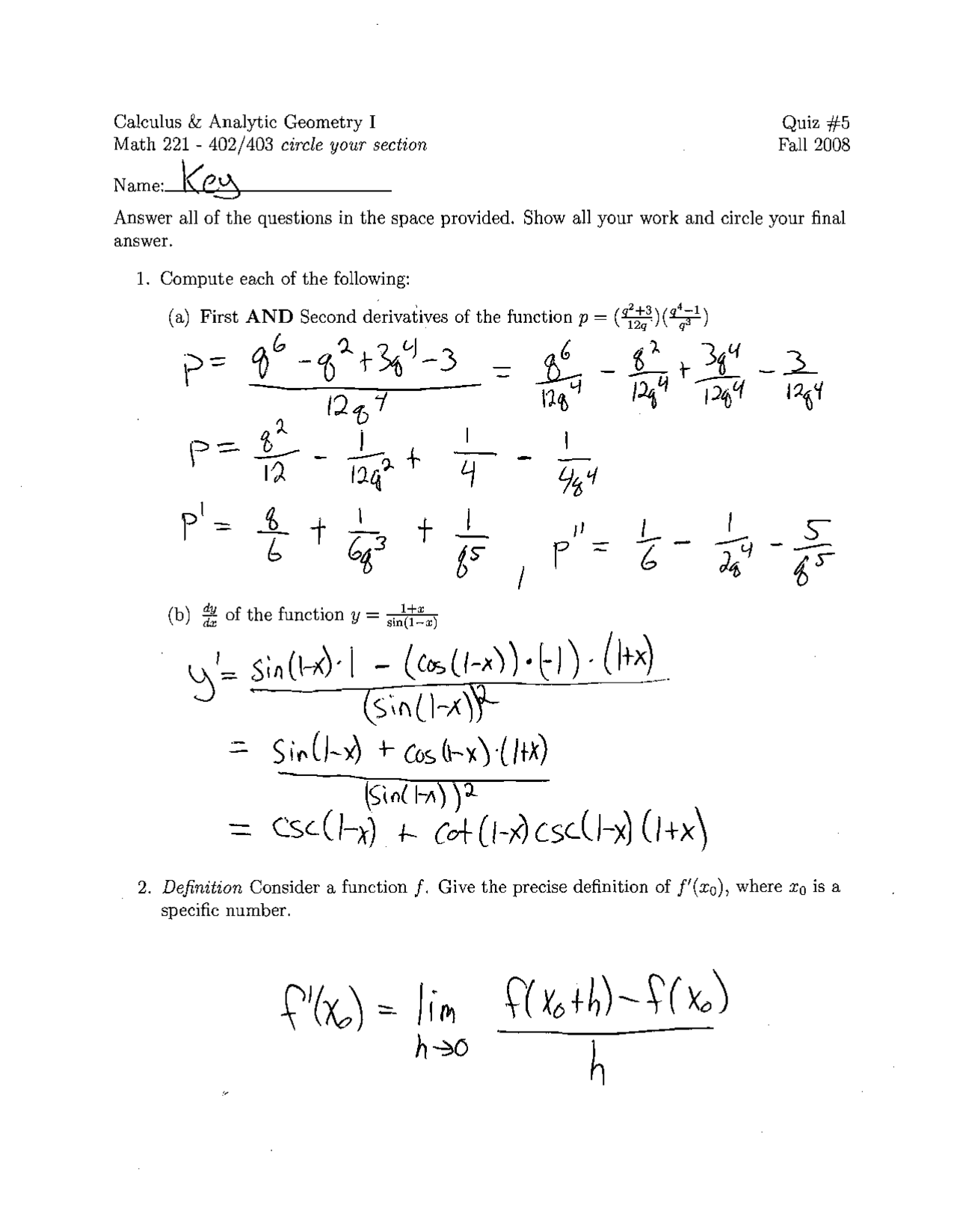 Quiz 5 With Answer Key - Calculus And Analytic Geometry | Math 221 - Docsity