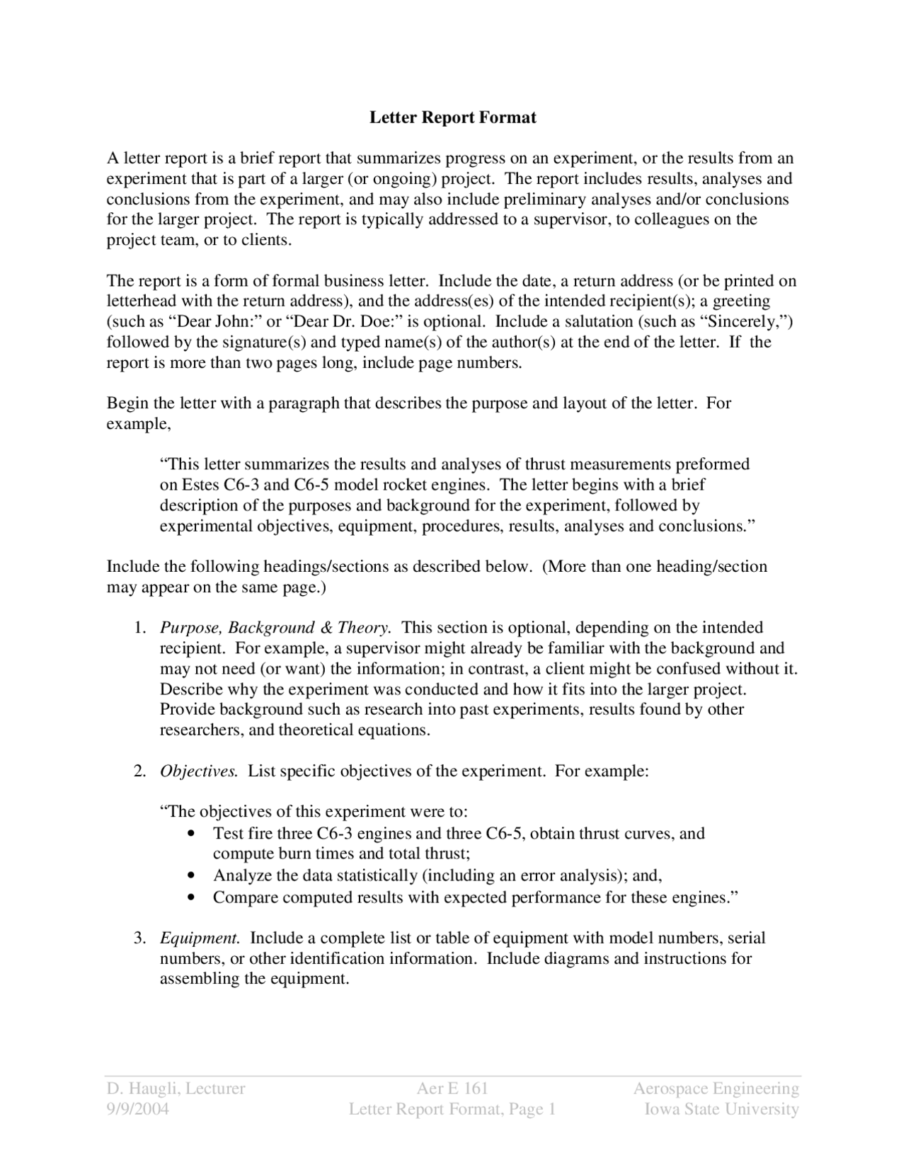 Letter Report Format - Lecture Notes | AER E 161 - Docsity