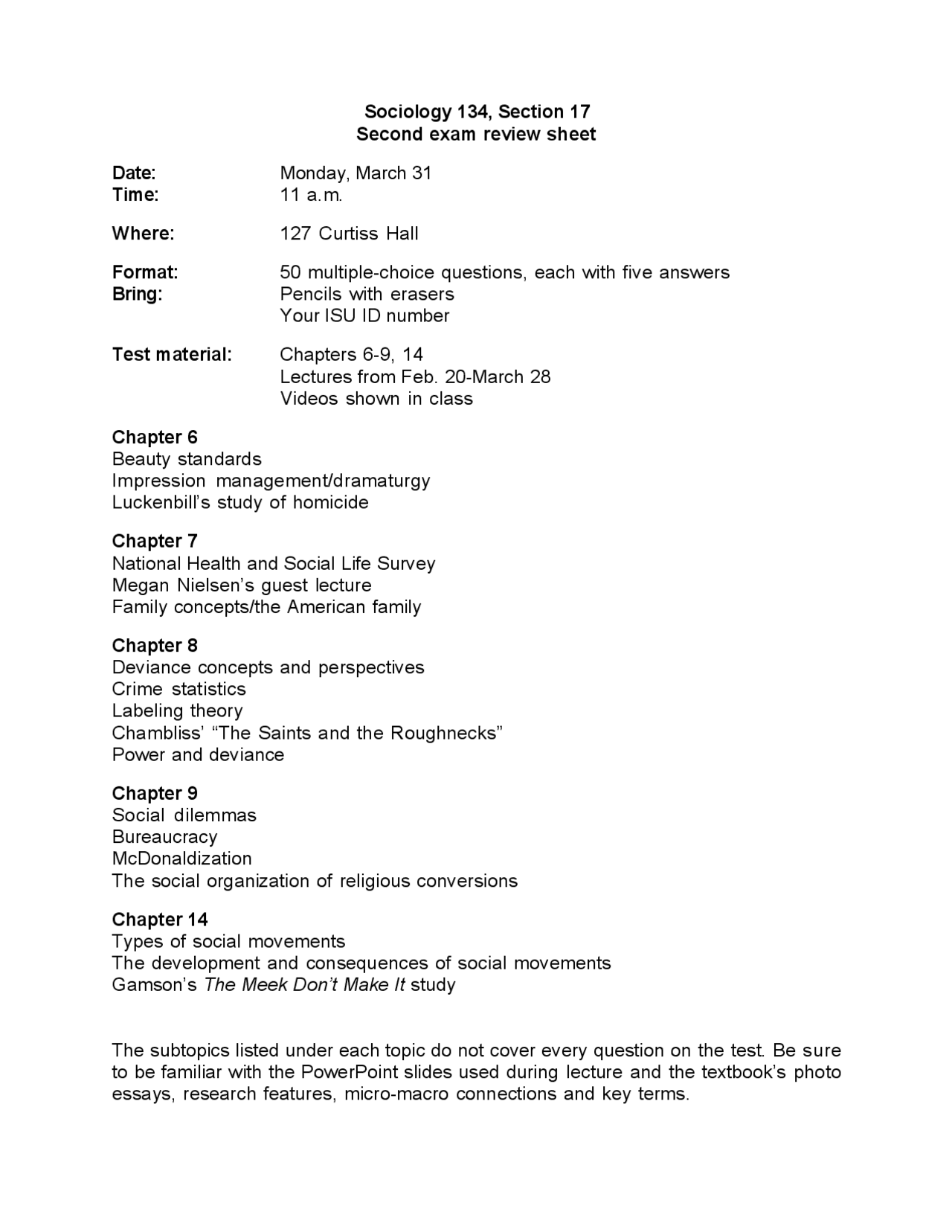 Exam II Review Sheet - Introduction to Sociology | SOC 134 - Docsity