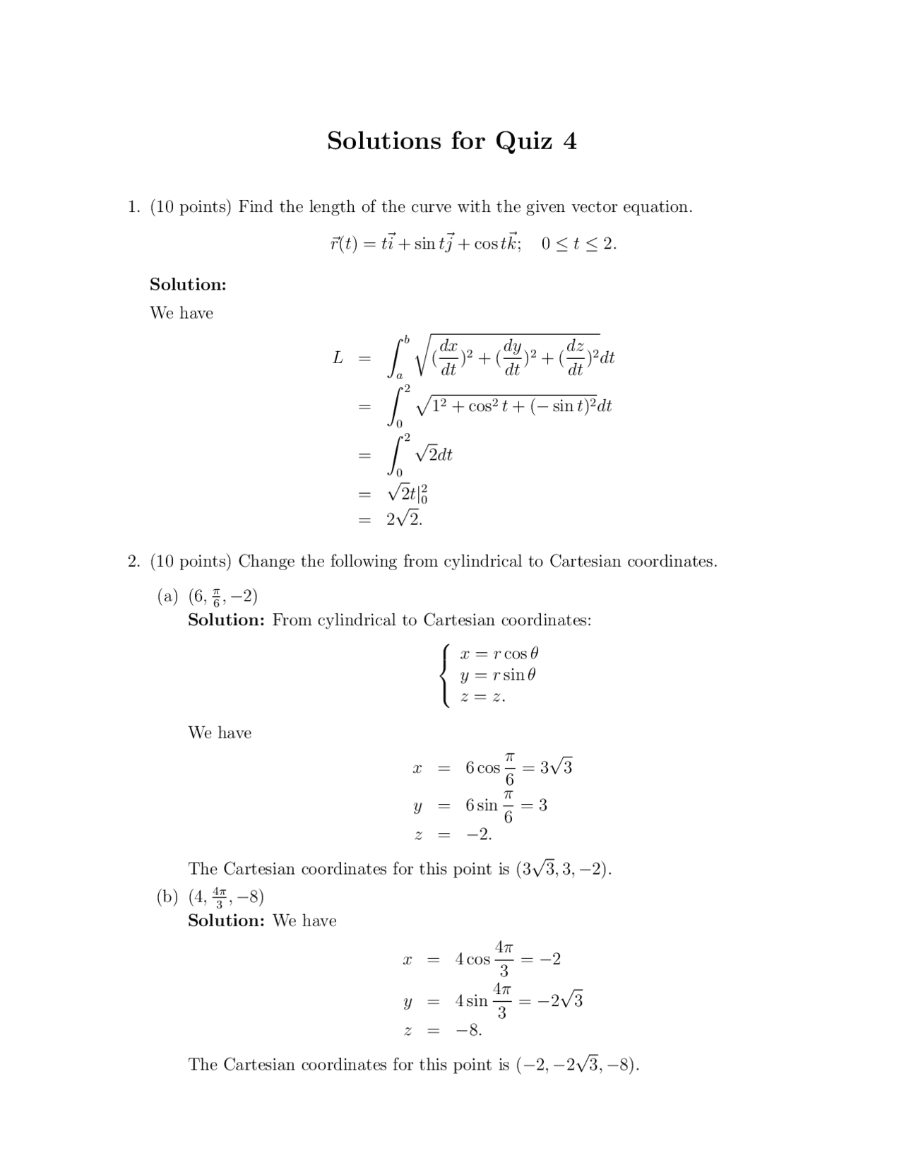 2 Solved Problems on the Length of the Curve - Quiz 4 | MATH 241 - Docsity