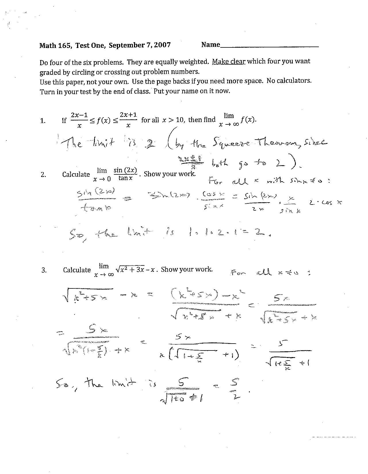 Math 165 Solutions for Test 1 | Calculus I | MATH 165 - Docsity