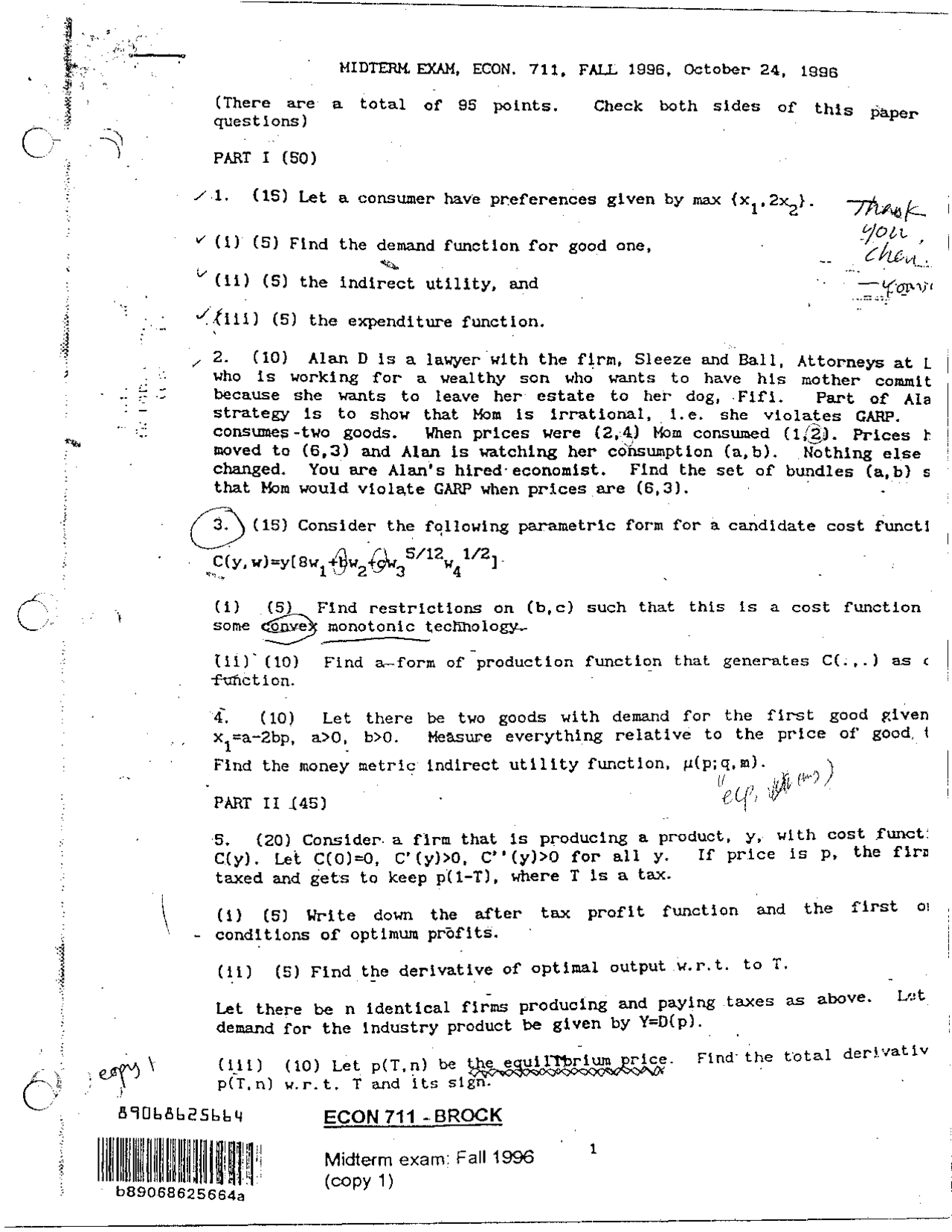 Microeconomic Theory Midterm Exam Solved 1996 Econ 711 Docsity