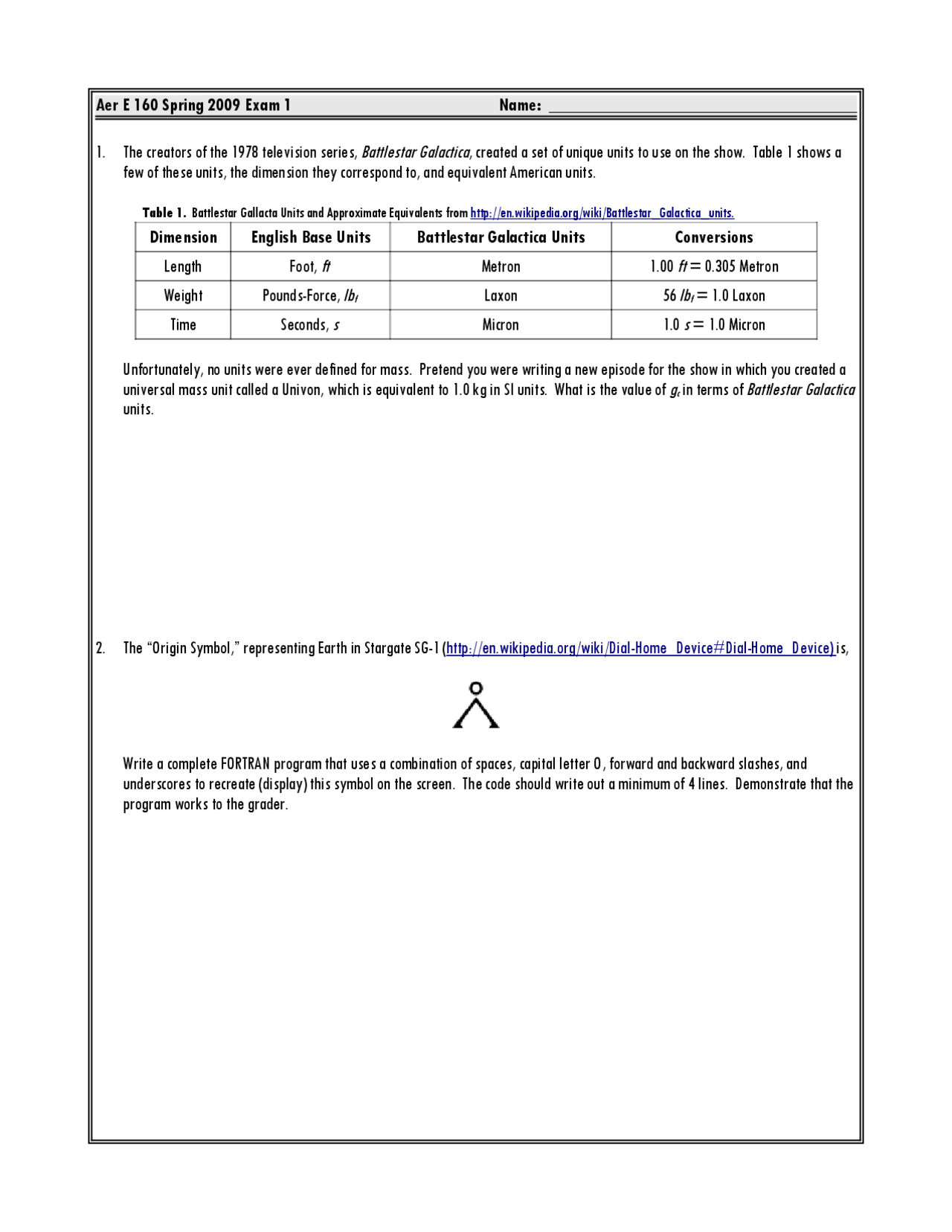 Aerospace Engineering Problems - Exam 1 | AER E 160 - Docsity