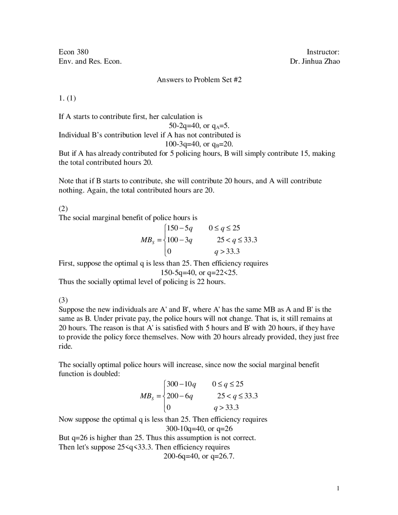 Answers To Problem Set 2 Environment And Resource Economic Econ 380 Docsity