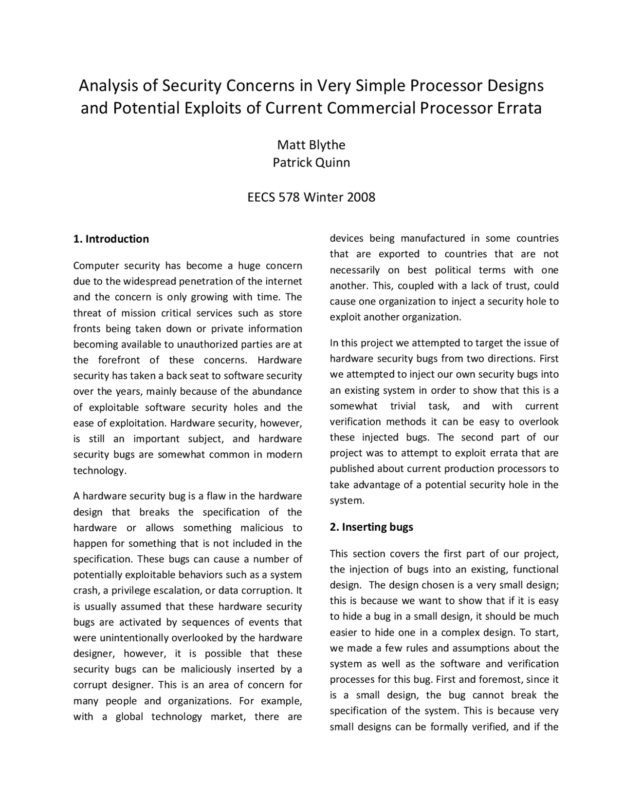 Project Analysis of Security Concerns in Very Simple Processor Designs