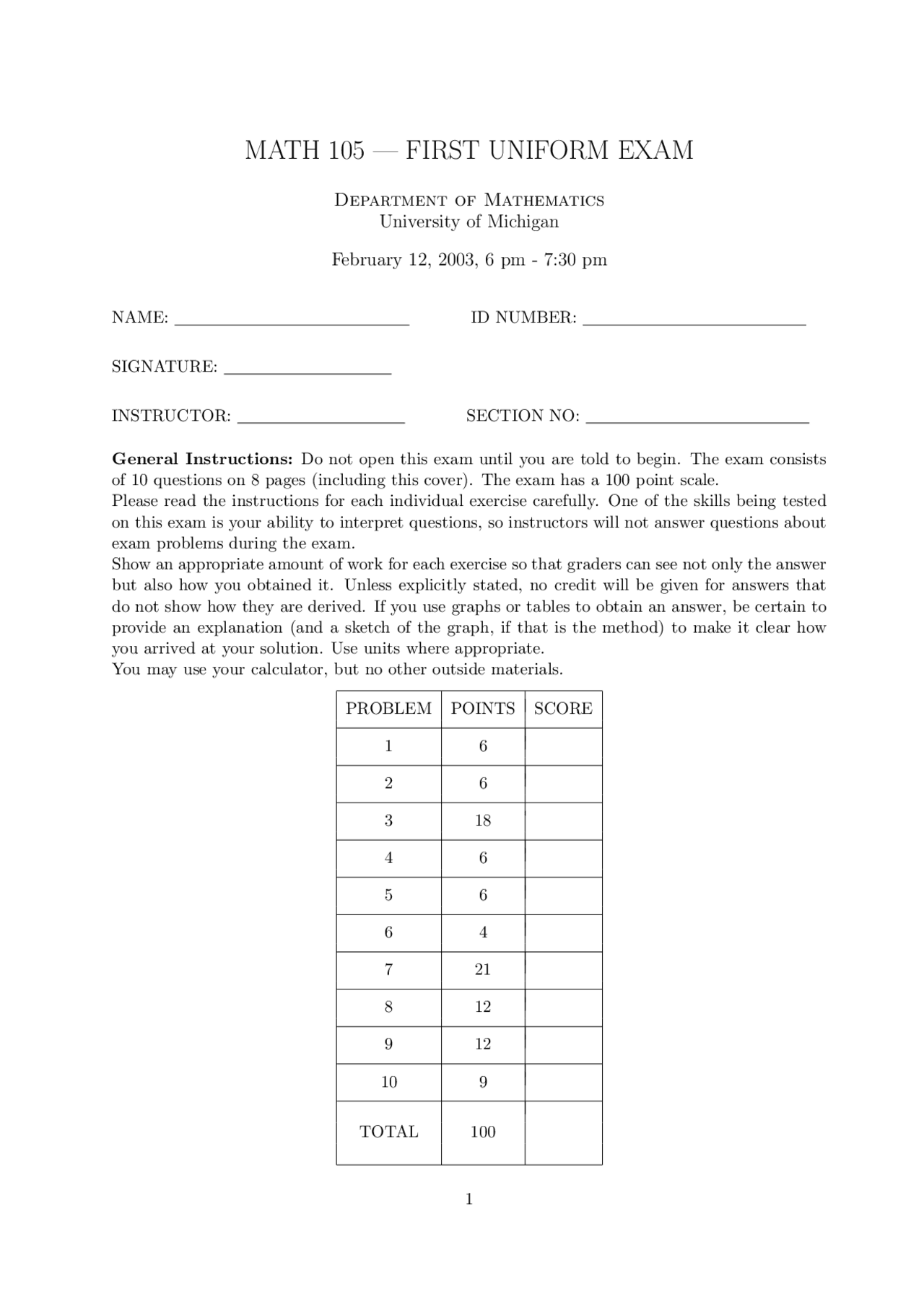 10 Solved Problems Exam 1 - Data, Functions and Graphics | MATH 105 ...
