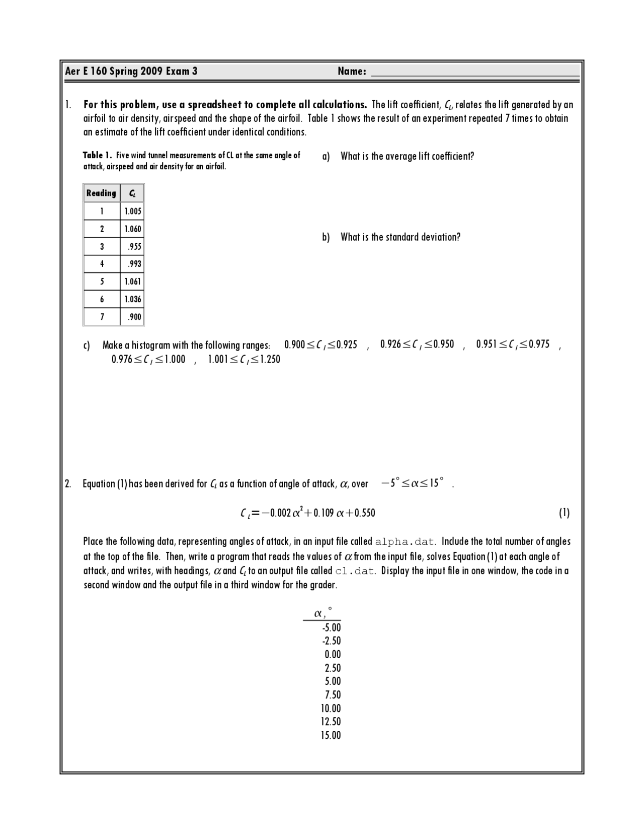 Exam 3 - Aerospace Engineering Problems | AER E 160 - Docsity