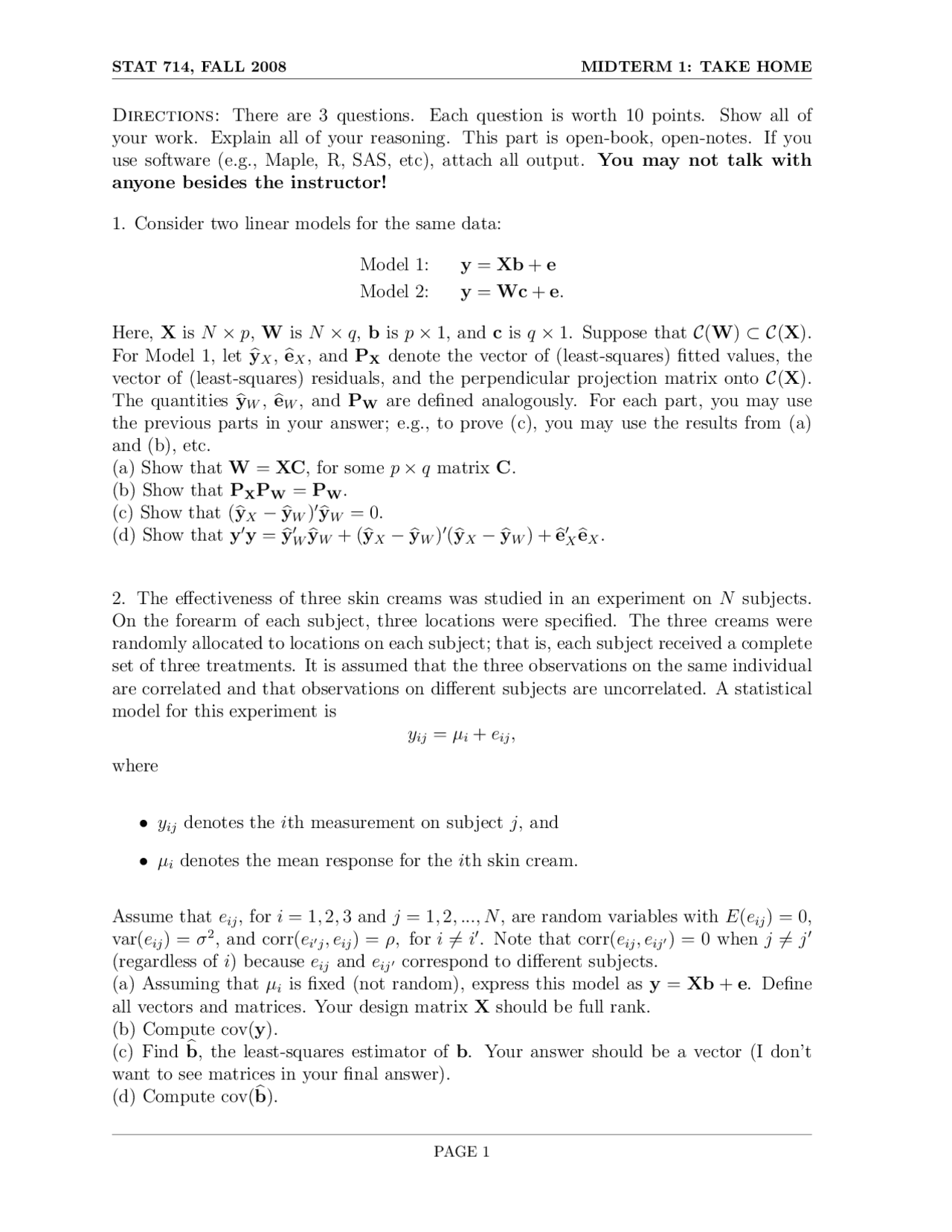 Midterm 1 Take Home - Linear Statistical Models | STAT 714 - Docsity