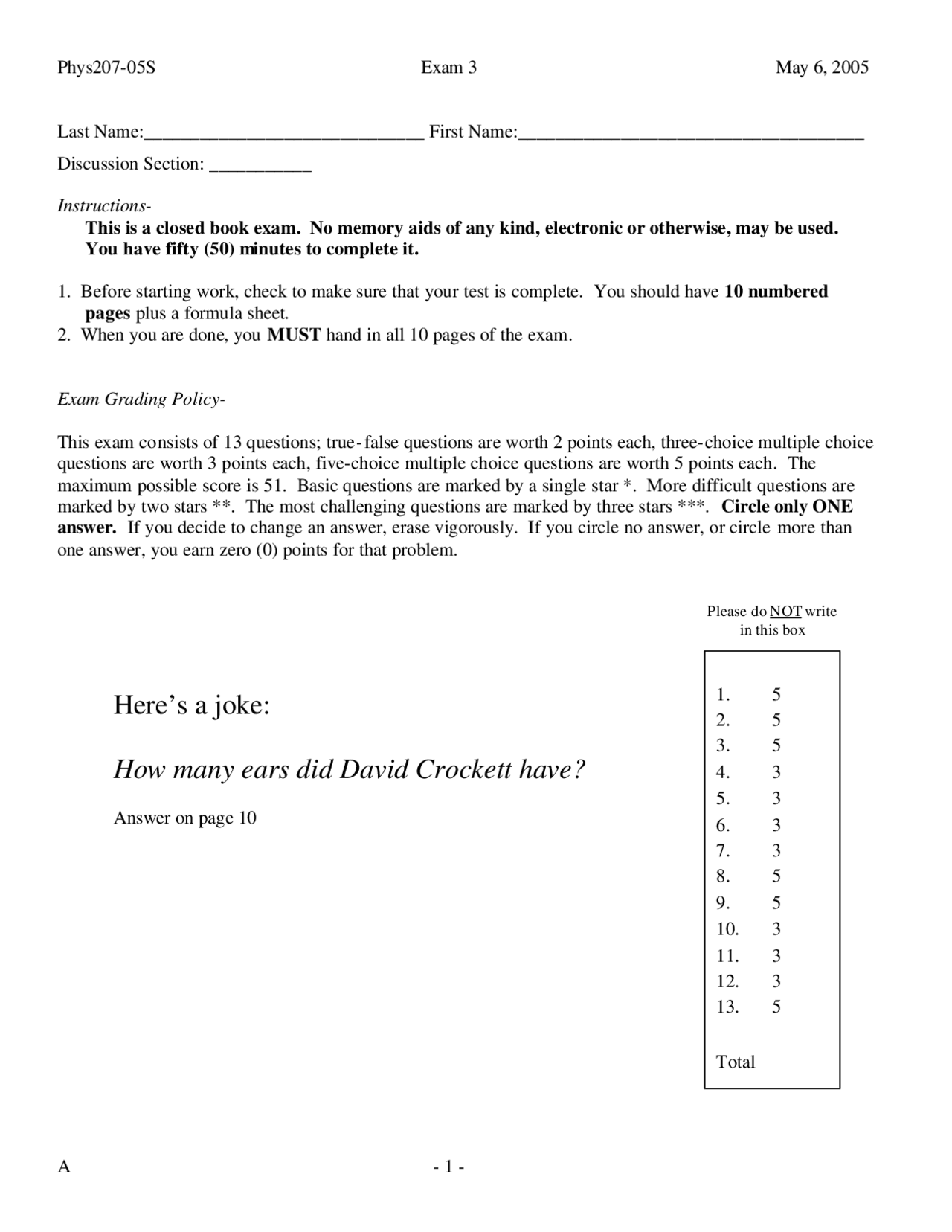 Exam 3 for Fundamentals of Physics I | PHYS 207 - Docsity