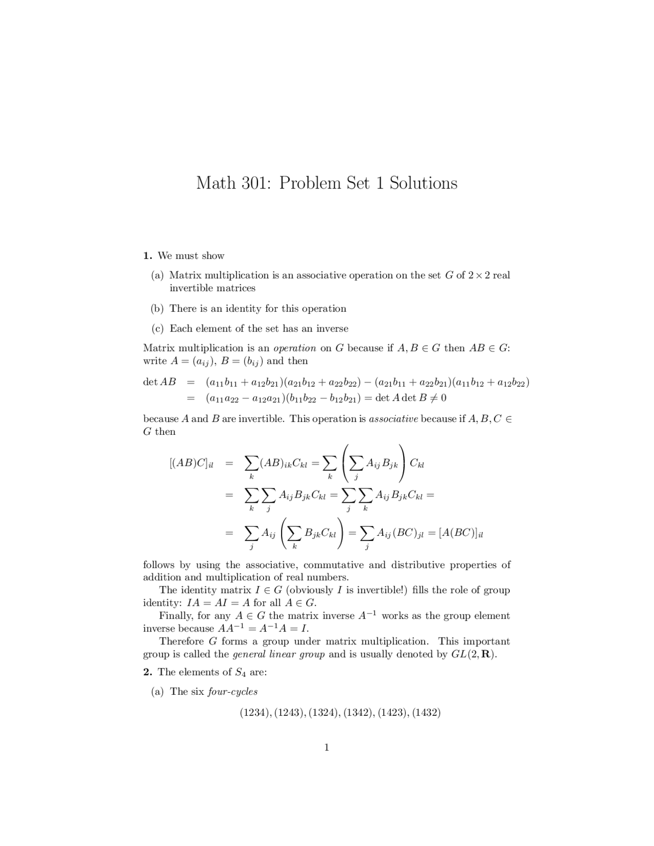 Abstract Algebra I - Problem Set 1 With Solutions | MATH 301 - Docsity