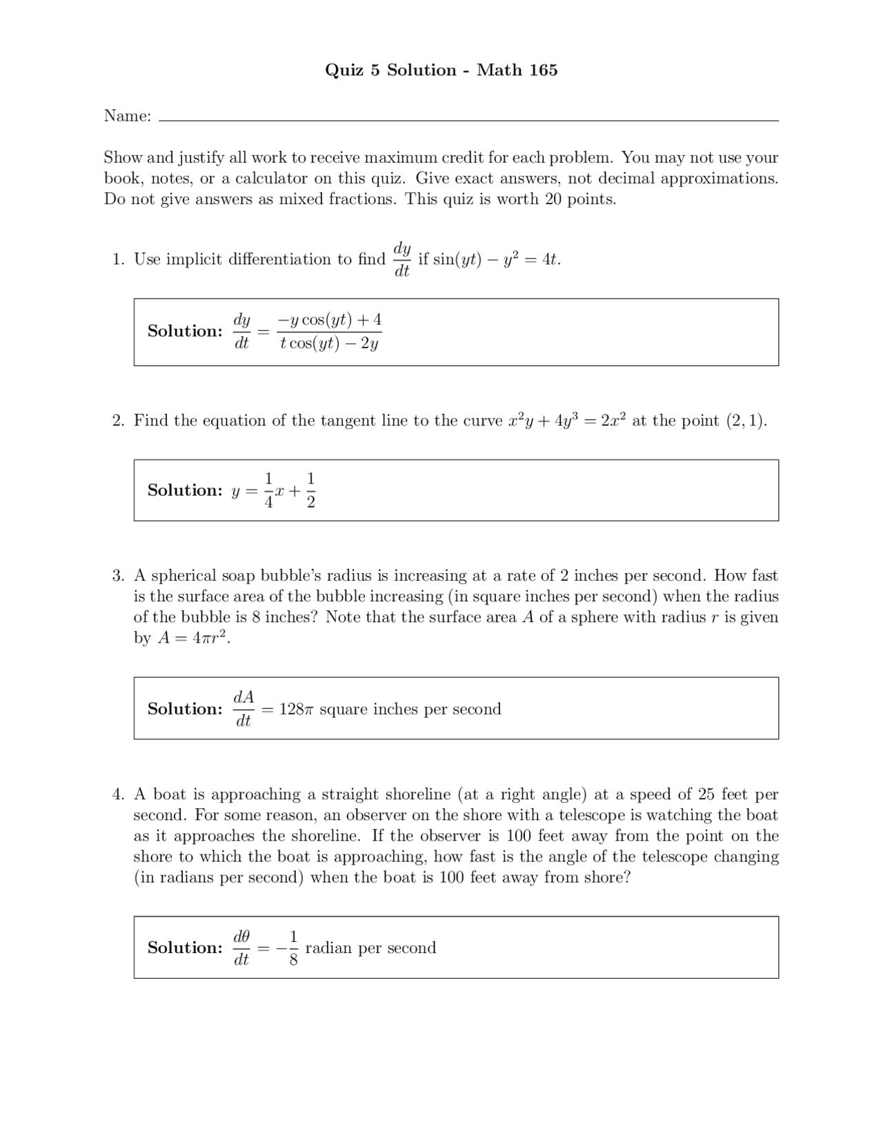 Math 165 Solutions for Quiz 5 - Calculus I | MATH 165 - Docsity