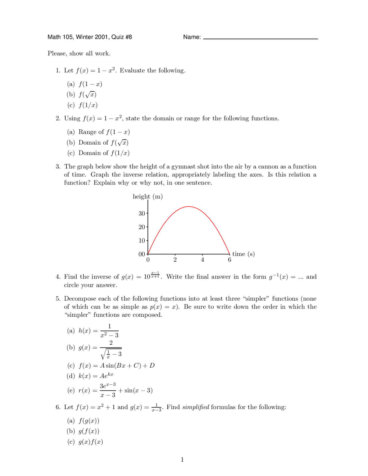 Data Functions Math 8 Questions for Quiz 8 - Data, Functions, Graphs | MATH 105 - Docsity