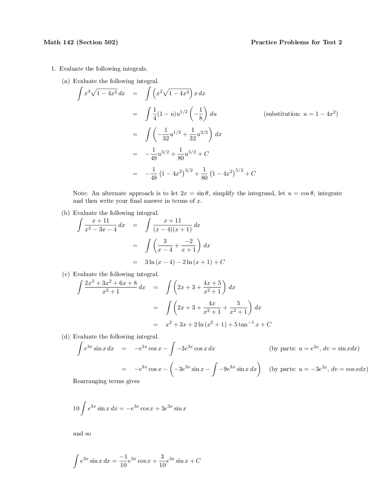 Test 2 Practice Problems - Calculus II | MATH 142 - Docsity