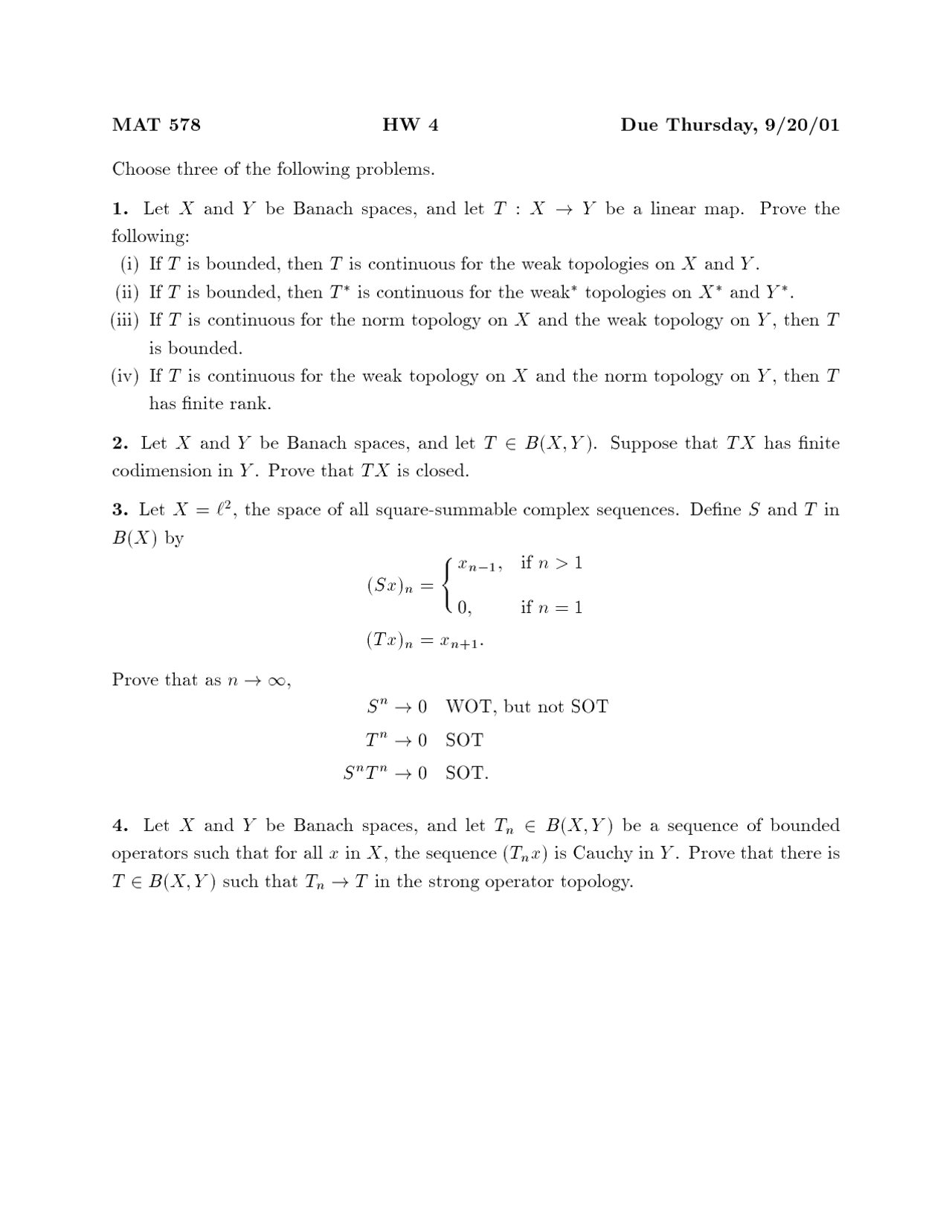 Function Analysis Problems 4 Problems on Functional Analysis - Assignment 4 | MAT 578 - Docsity