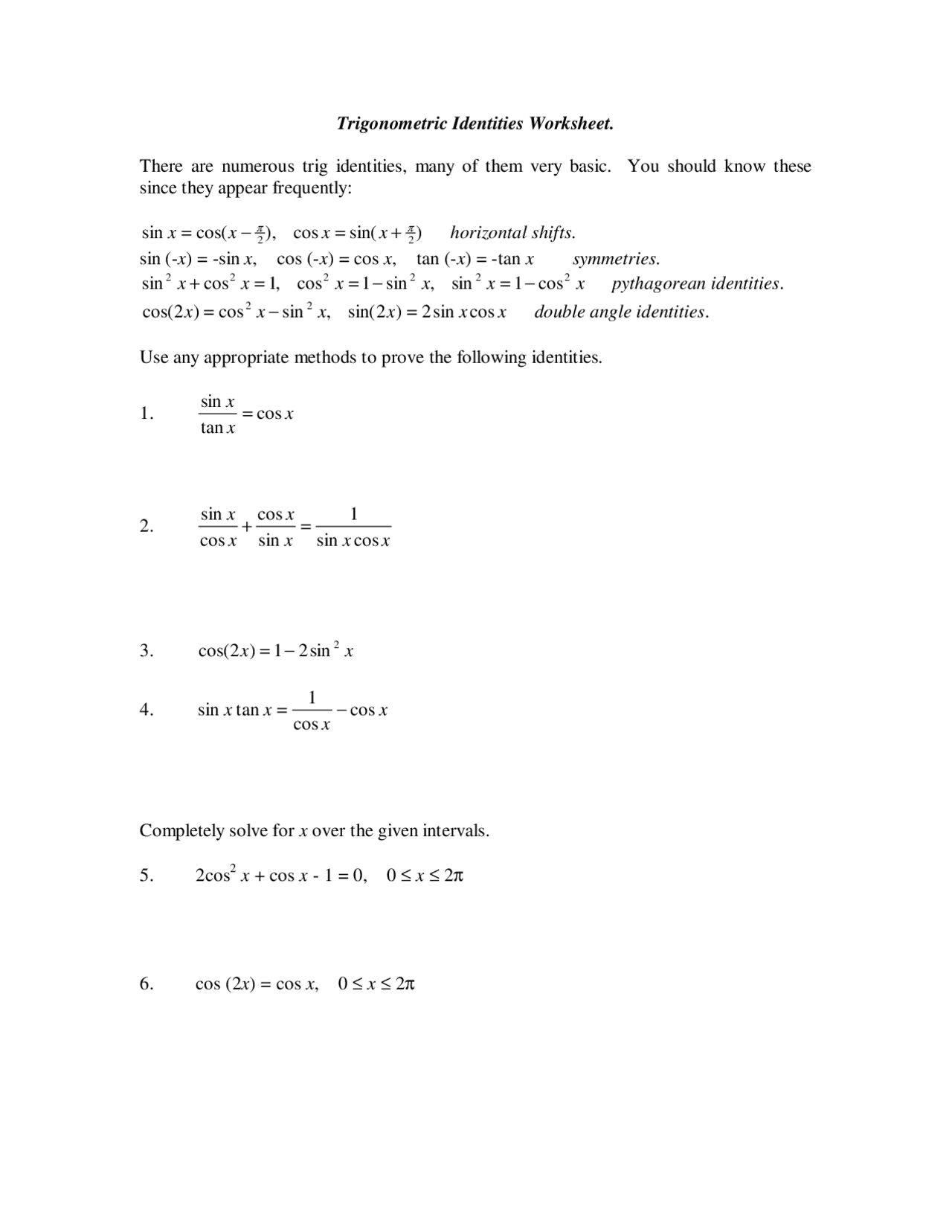 Trigonometric Identities Worksheet - Assignment  MAT 22 - Docsity With Double Angle Identities Worksheet