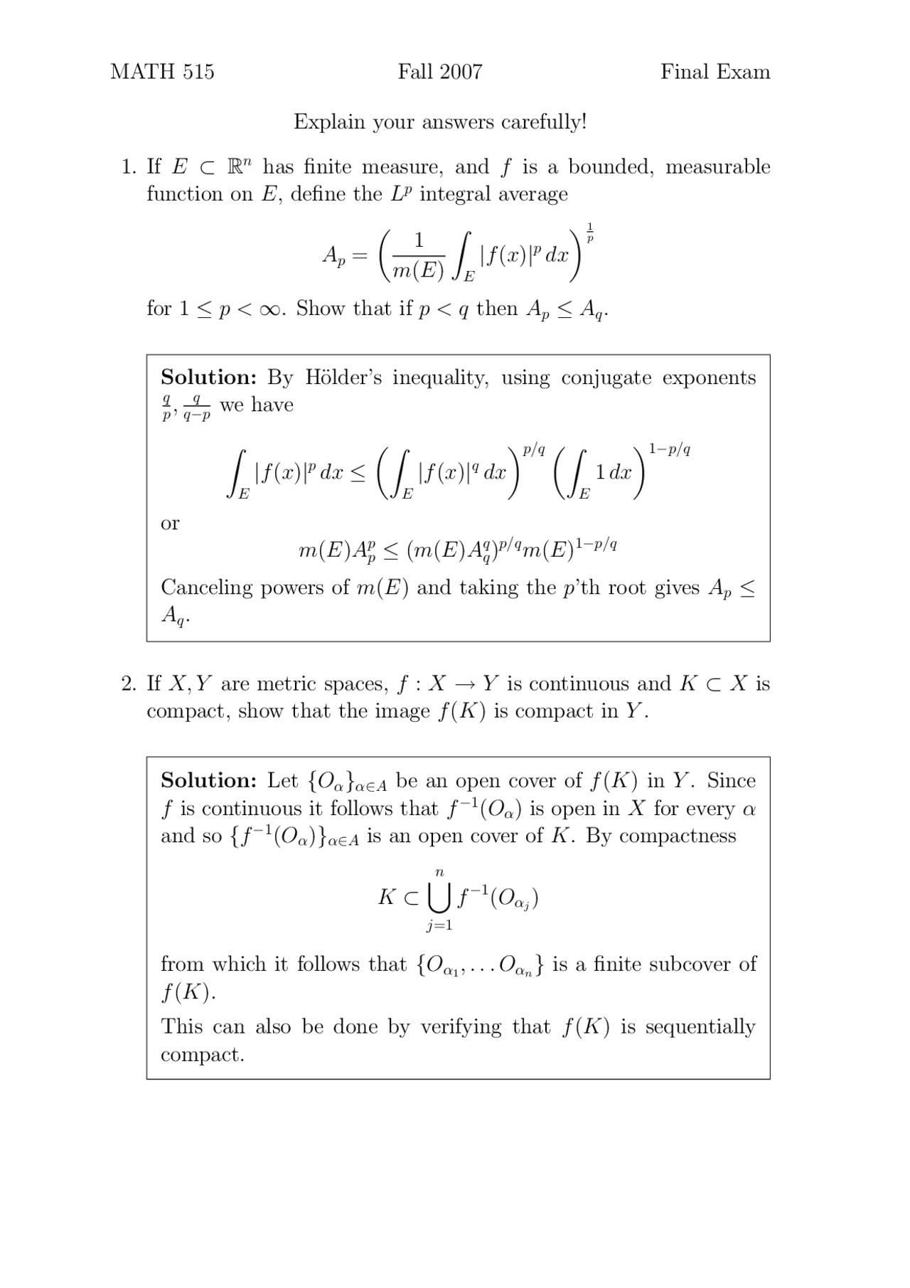 Solutions For Final Exam Real Analysis I Math 515 Docsity