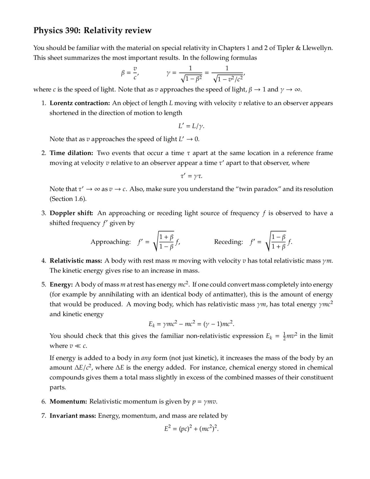 Relativity Review - Introduction to Modern Physics | PHYSICS 390 - Docsity