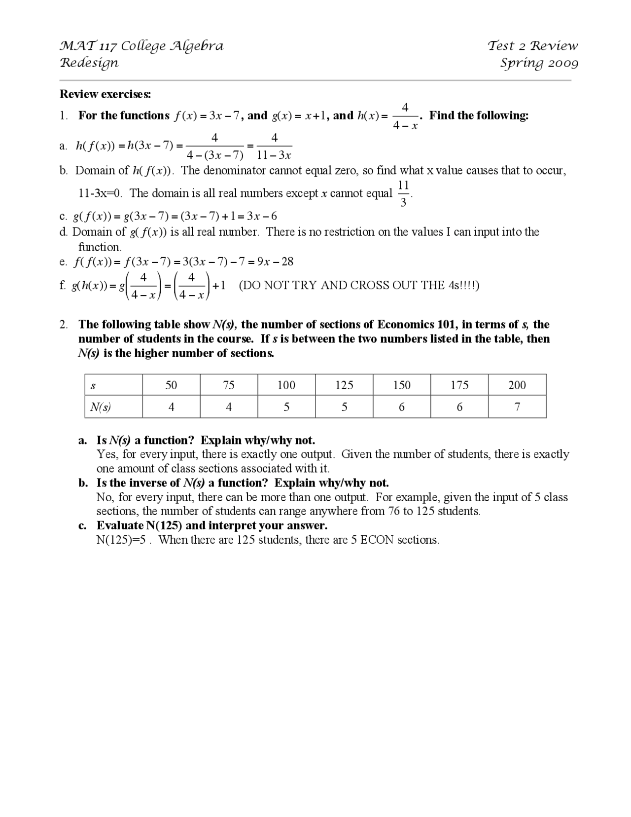 Practice Questions for Exam 2 - College Algebra | MAT 117 - Docsity