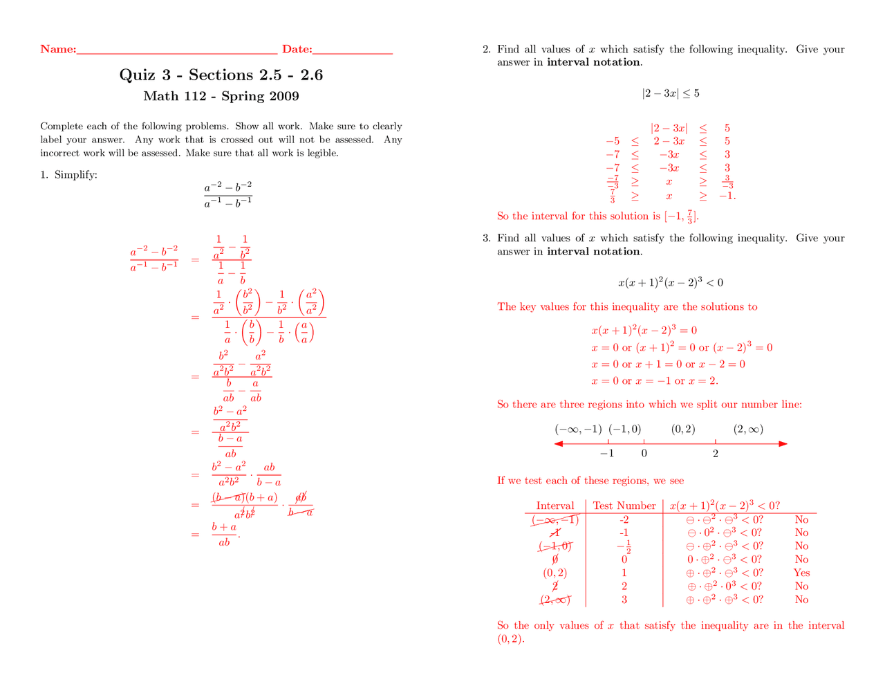 Quiz 3 with Solutions - Algebra | MATH 112 - Docsity
