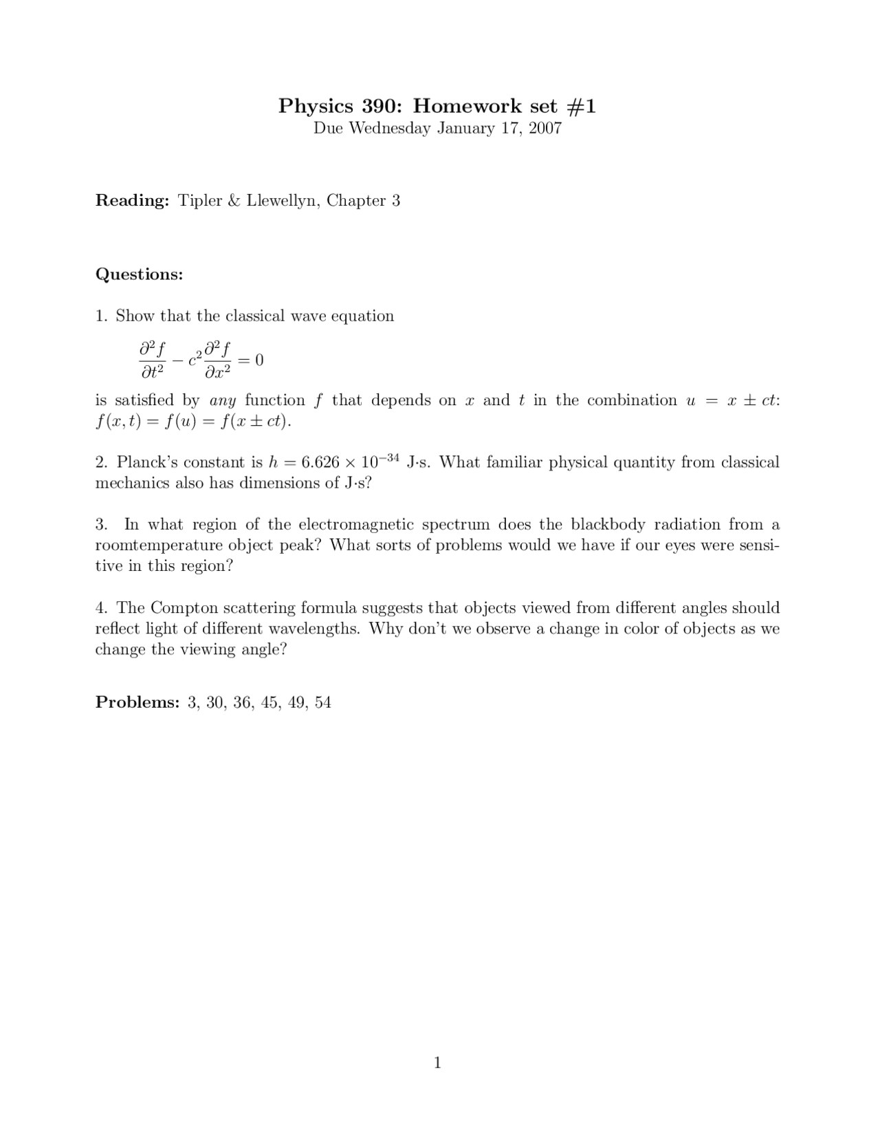 Physics Homework Questions Homework 1 - 4 Questions on Introduction Modern Physics | PHYSICS 390 ...