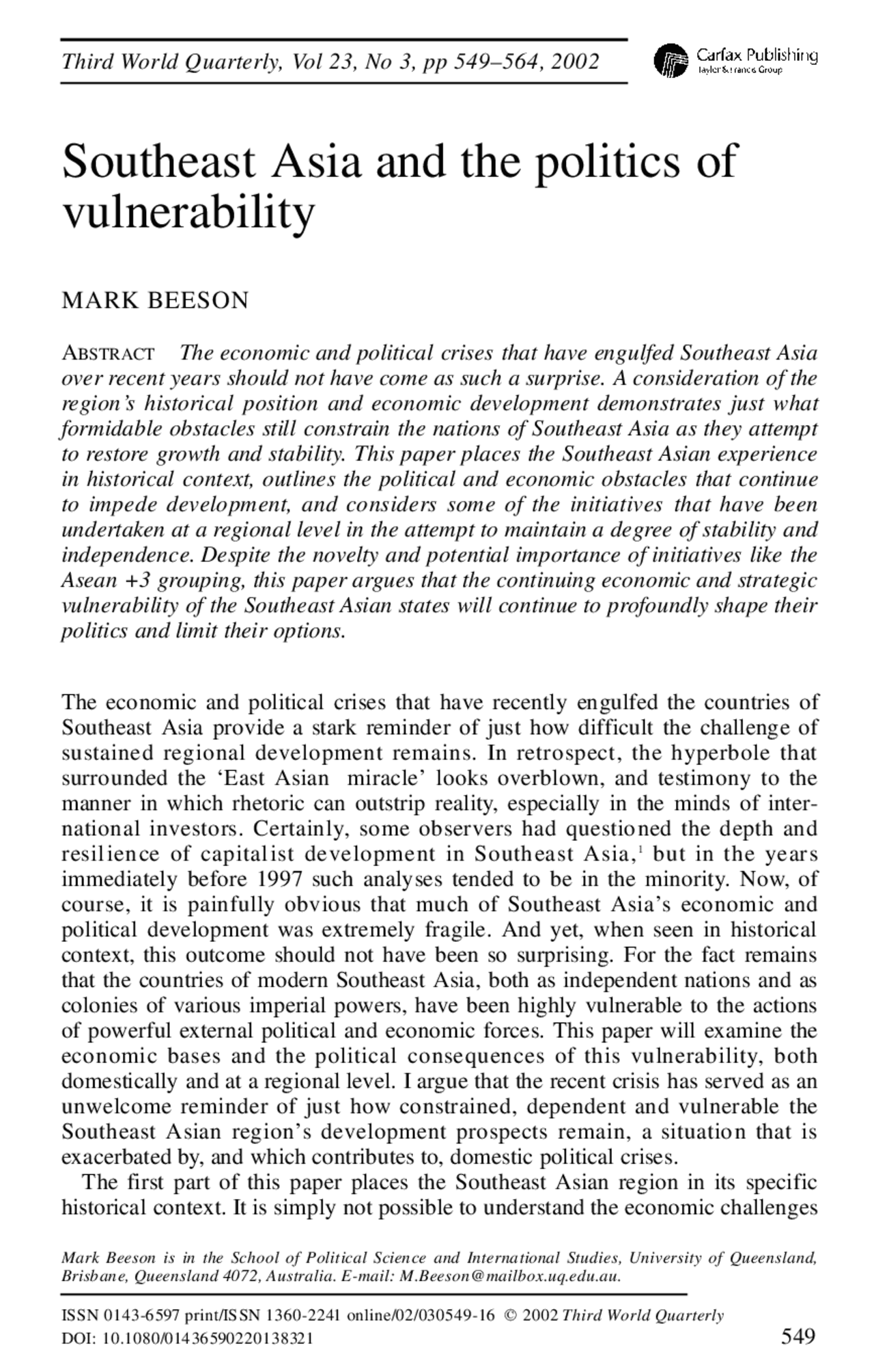The Political and Economic Vulnerability of Southeast Asia: A ...