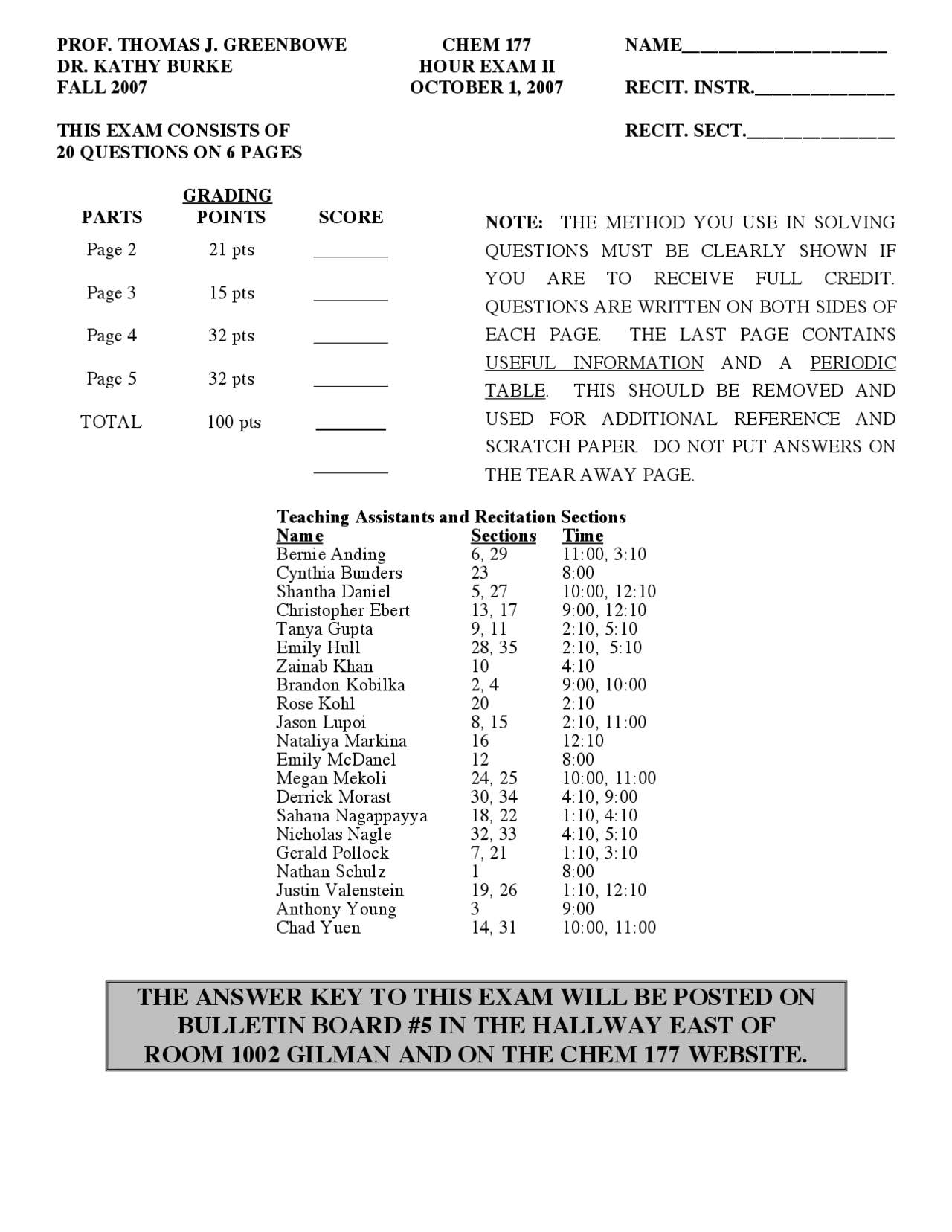 20 Questions on General Chemistry I - Exam II Fall 2007 | CHEM 177 ...