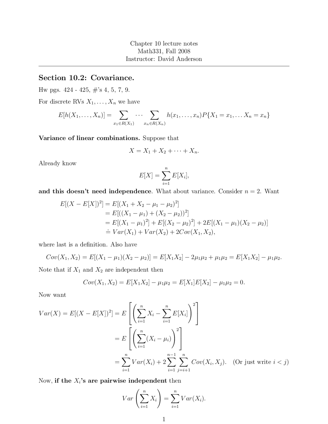 Notes On Covariance Probability And Markov Chain Models Math 331 Docsity
