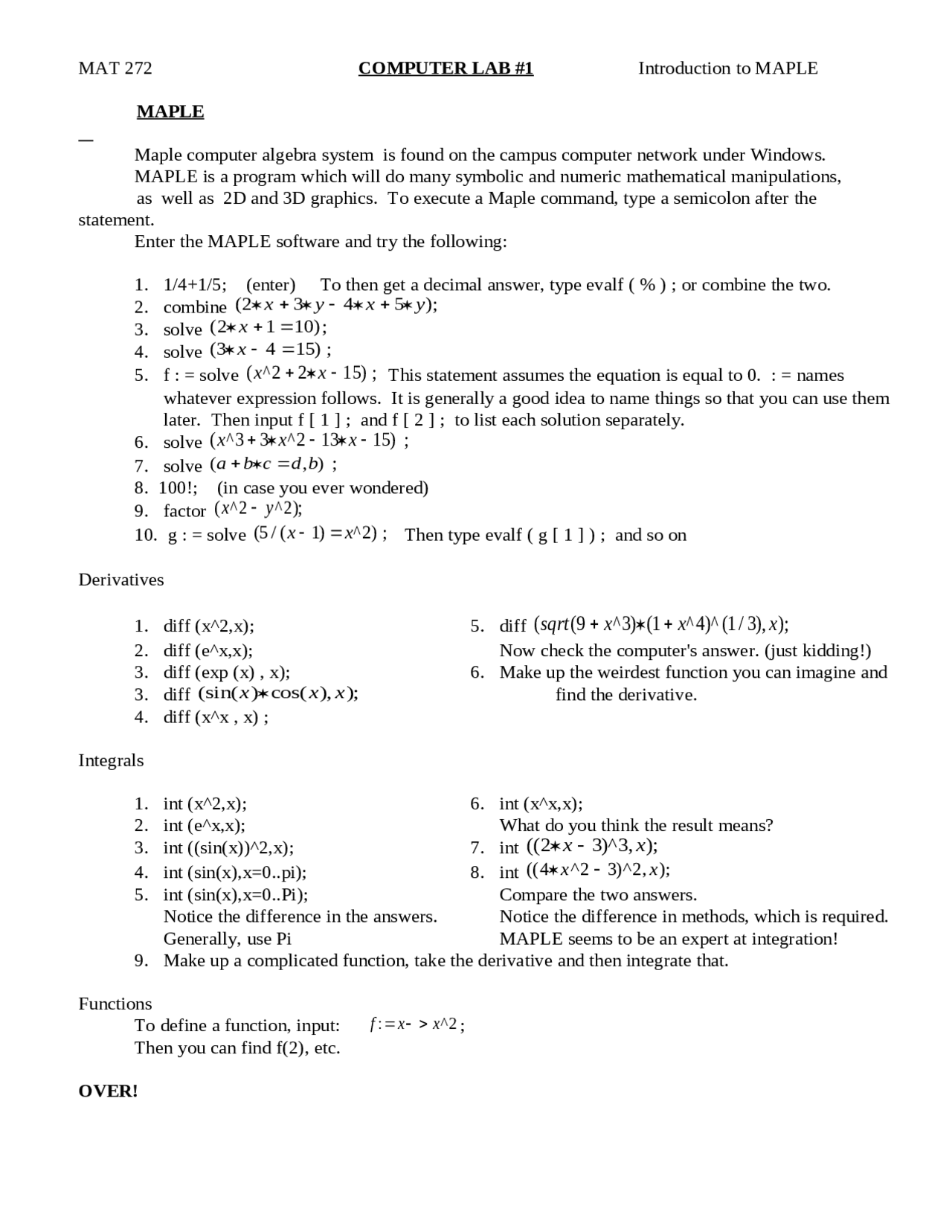 Introduction to Maple Computer Algebra System - Experiment 1 | MAT 272 ...