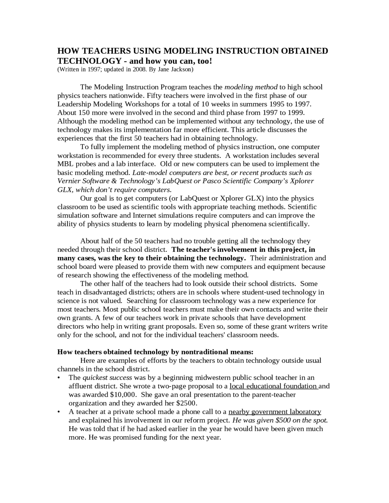 How Teachers Using Modeling Instruction Obtained Technology THE 100 Docsity