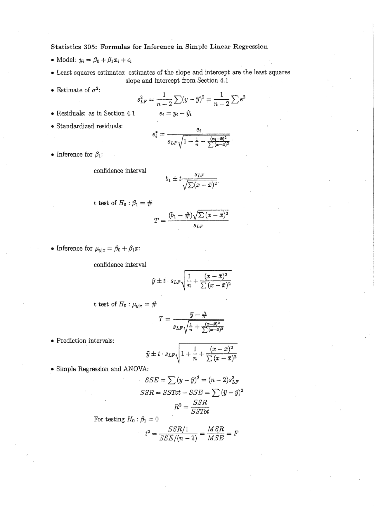 Statistical Inference Formulas Formulas for Inference in Simple Linear Regression - Notes | STAT 305 ...