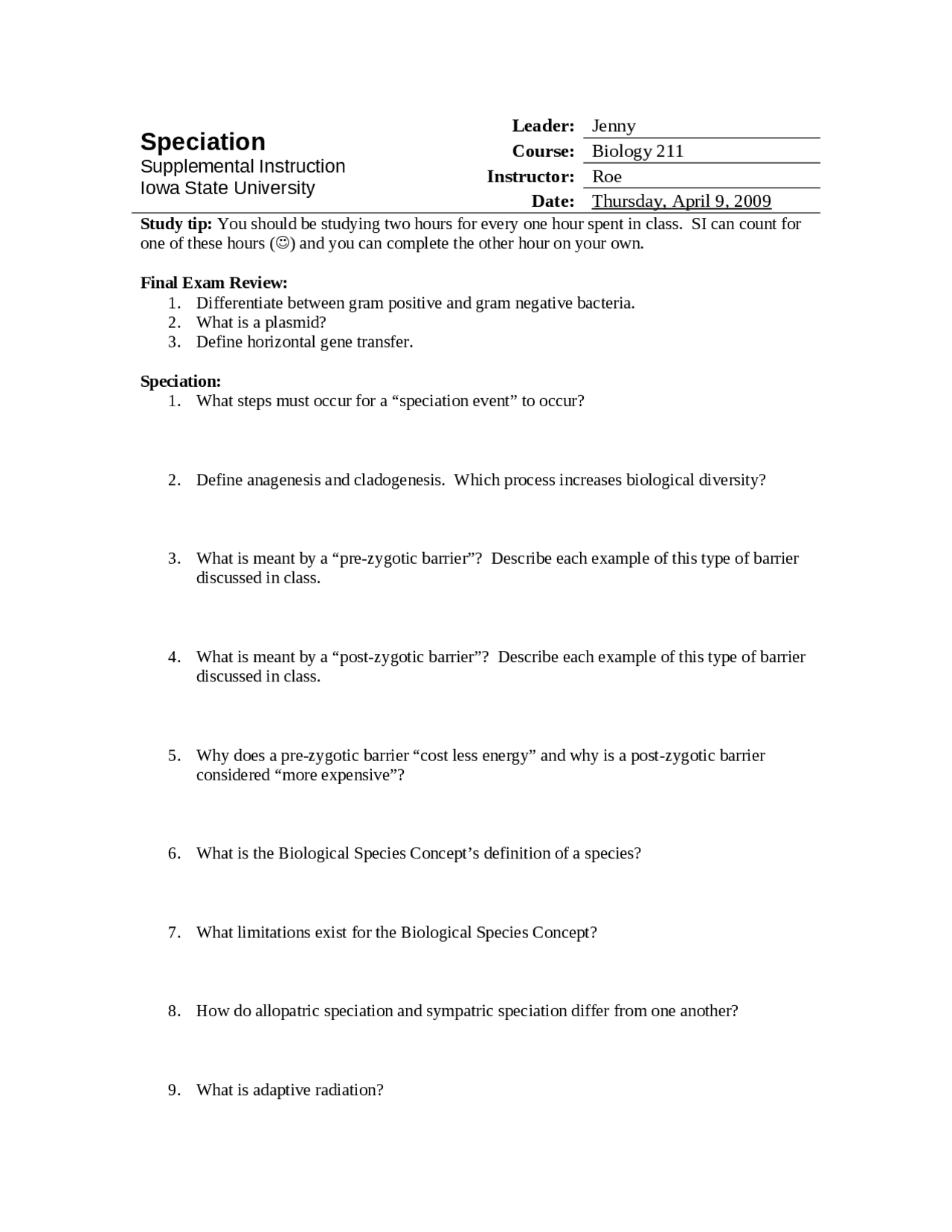 Final Exam Supplemental Instruction - Principle of Biology I | BIOL 211 ...