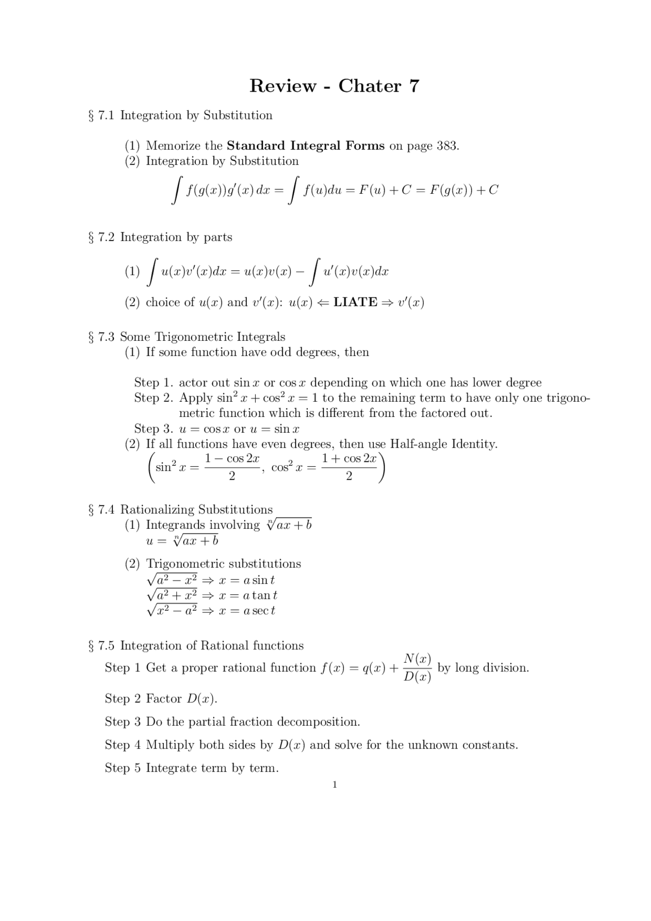Calculus 2 Review Guide Review Sheet for Chapter 7 - Calculus II | MATH 166 - Docsity