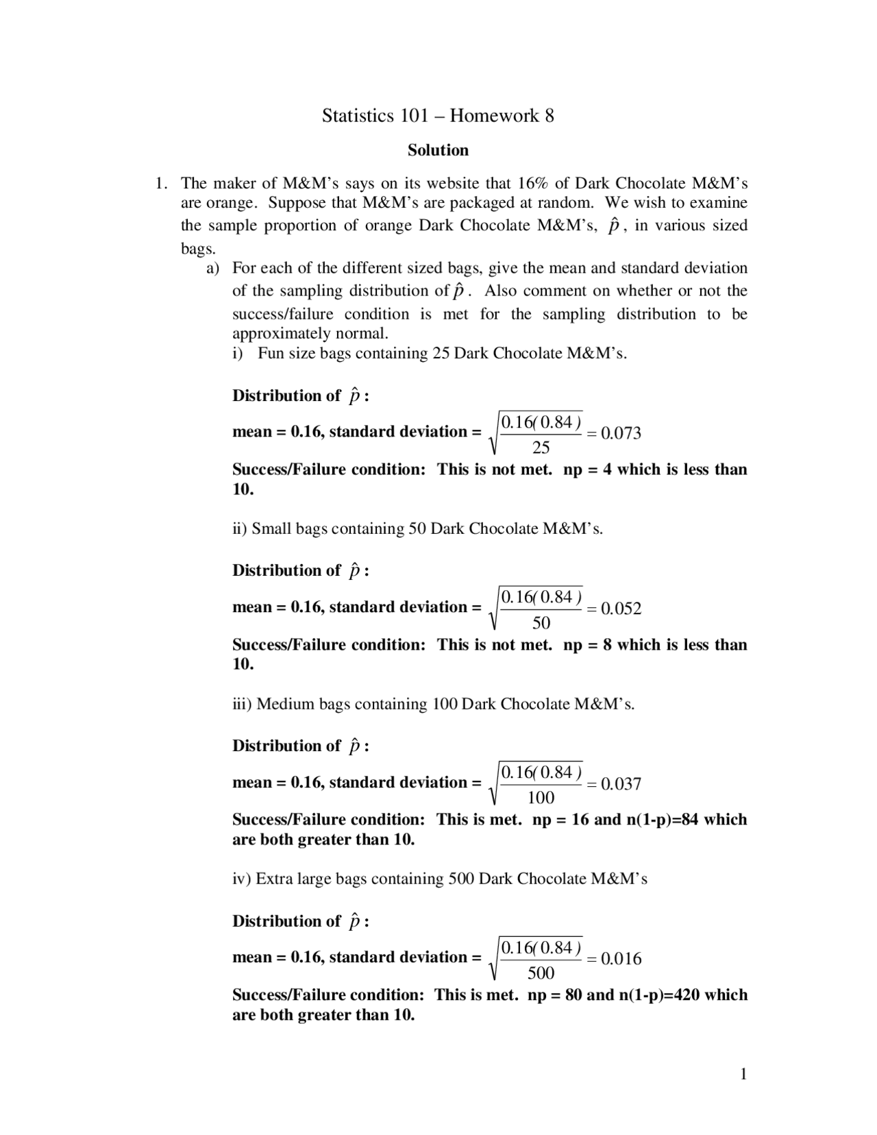 Statistics Homework Answers Principles of Statistics - Homework 8 with Solutions | STAT 101 - Docsity