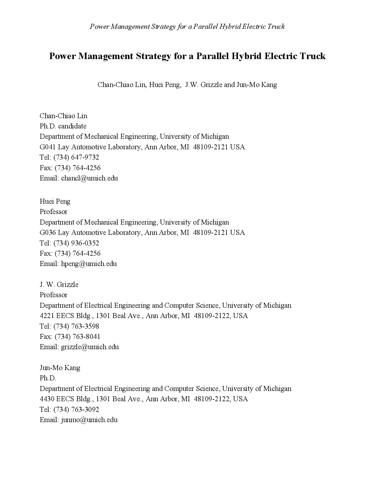 Power Management Strategy for a Parallel Hybrid Electric Truck | SOC ...