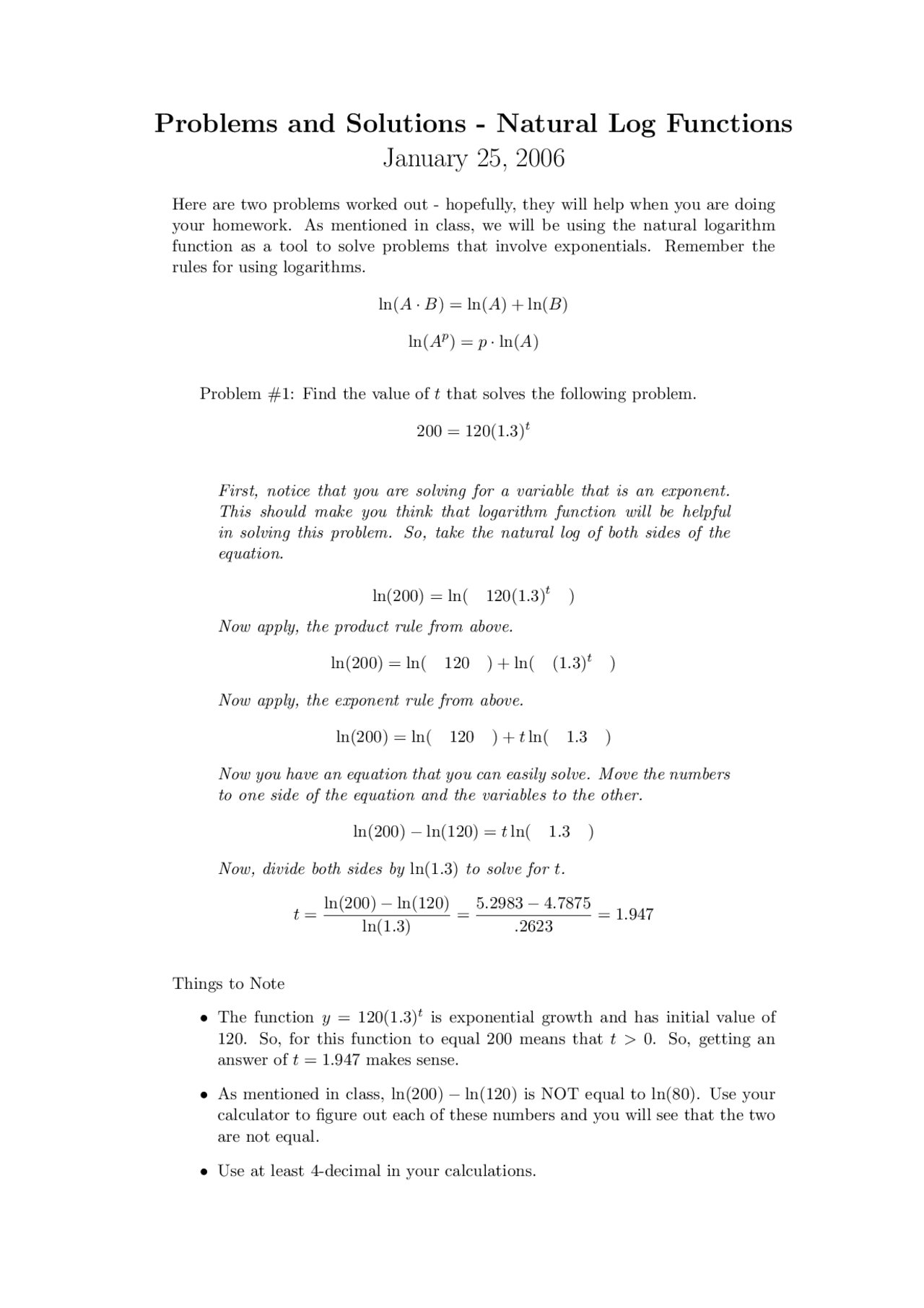 Problems and Solutions - Natural Log Functions | MATH 122 - Docsity